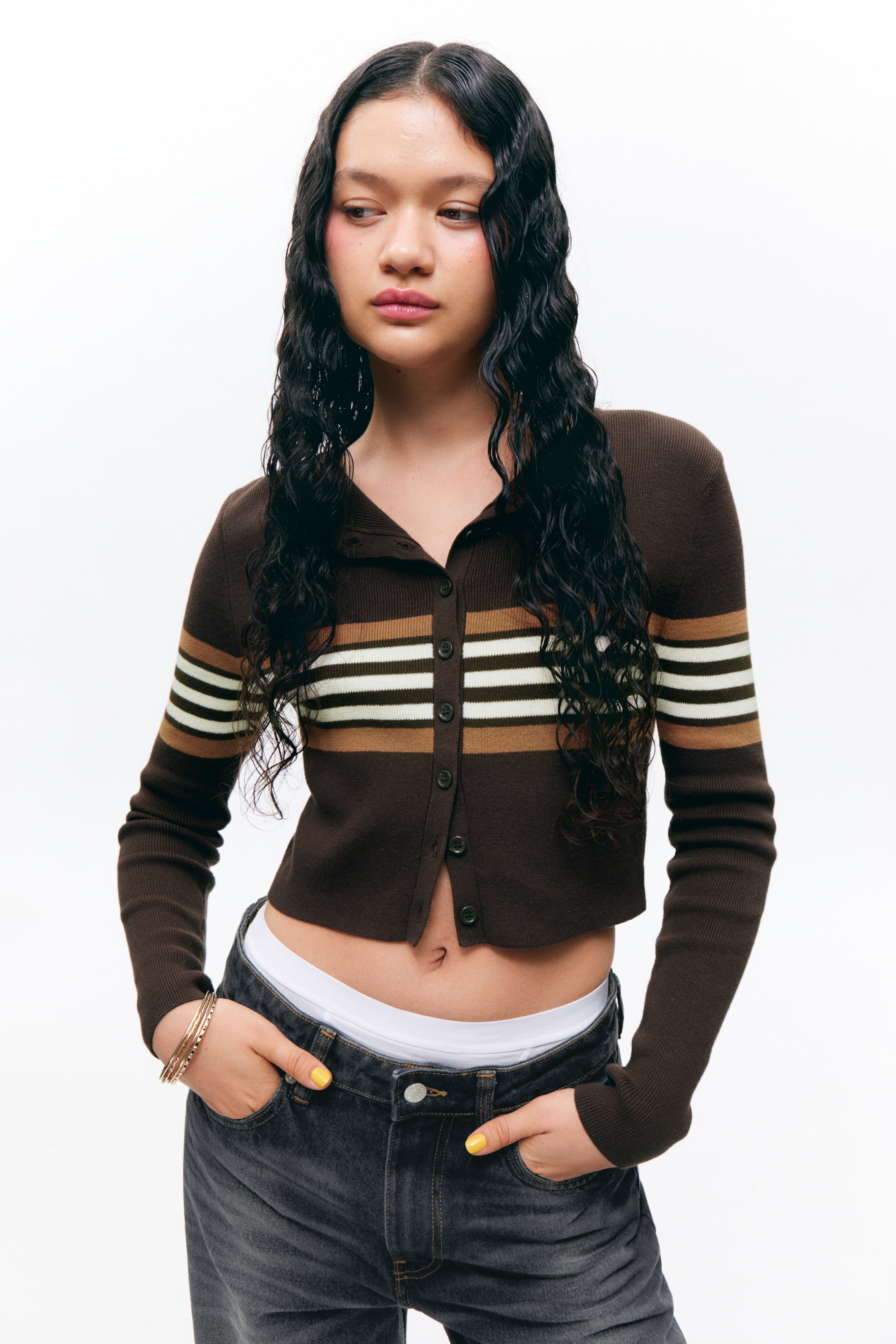 Short Knitted Single-Breasted Cardigan - Dark Brown - Stripes - Ladies ...