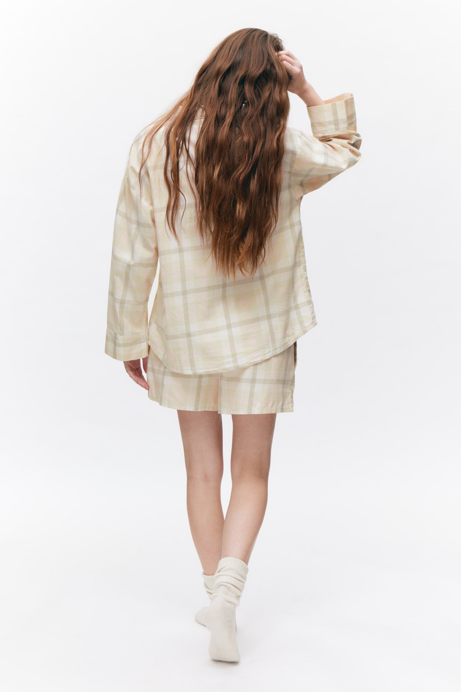 Soft Long-Sleeved Flannel Shirt - Light Beige Check/White/Dark Red Check - 3