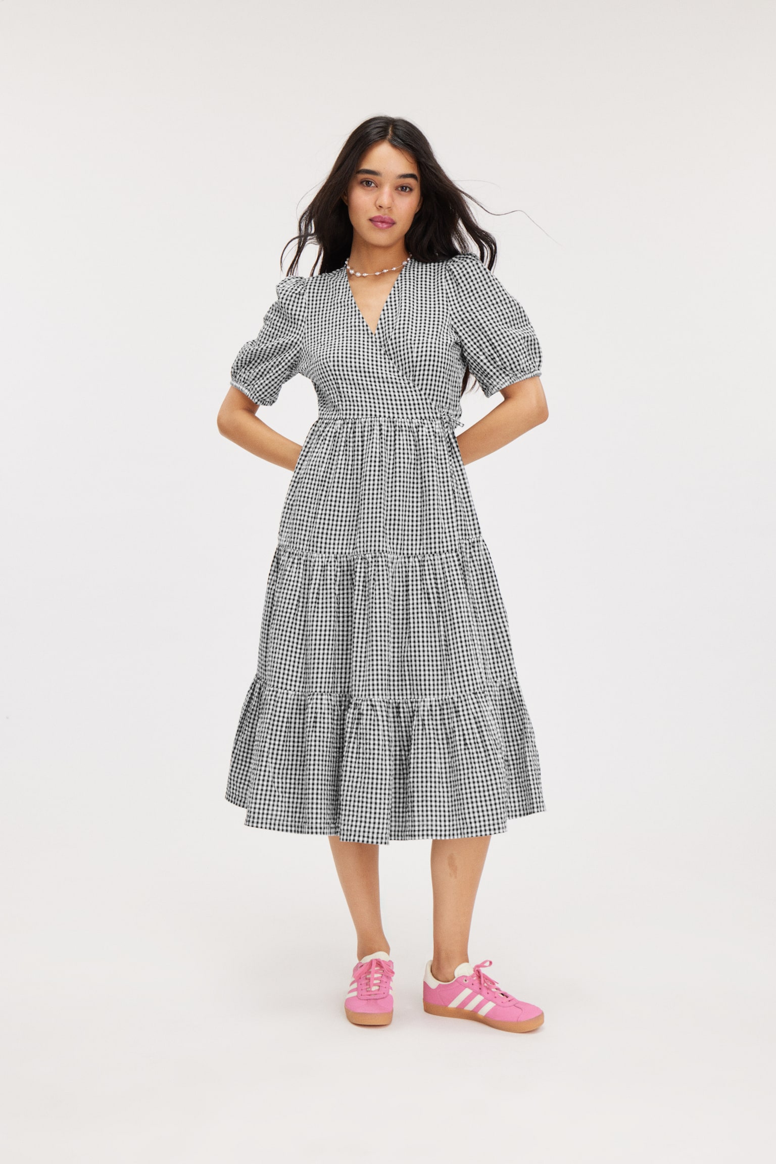 Short Sleeve Maxi Wrap Dress - Black Check/Light Blue Check - 1