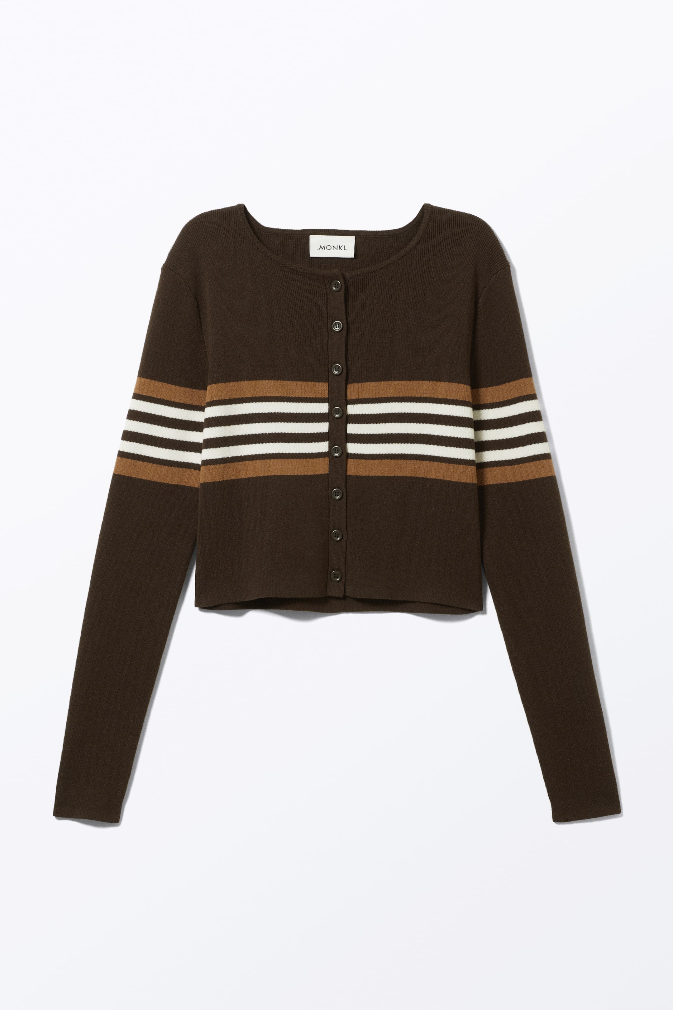 Short Knitted Single-Breasted Cardigan - Dark Brown - Stripes - Ladies ...