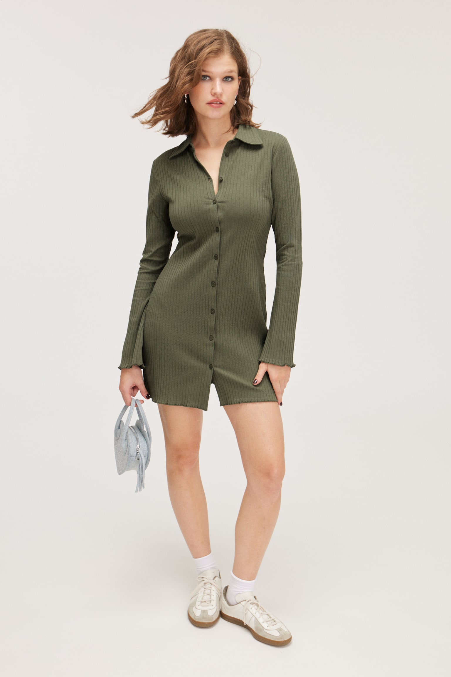 Long Sleeve Mini Shirt Dress - Dark Khaki Green/Black - 1