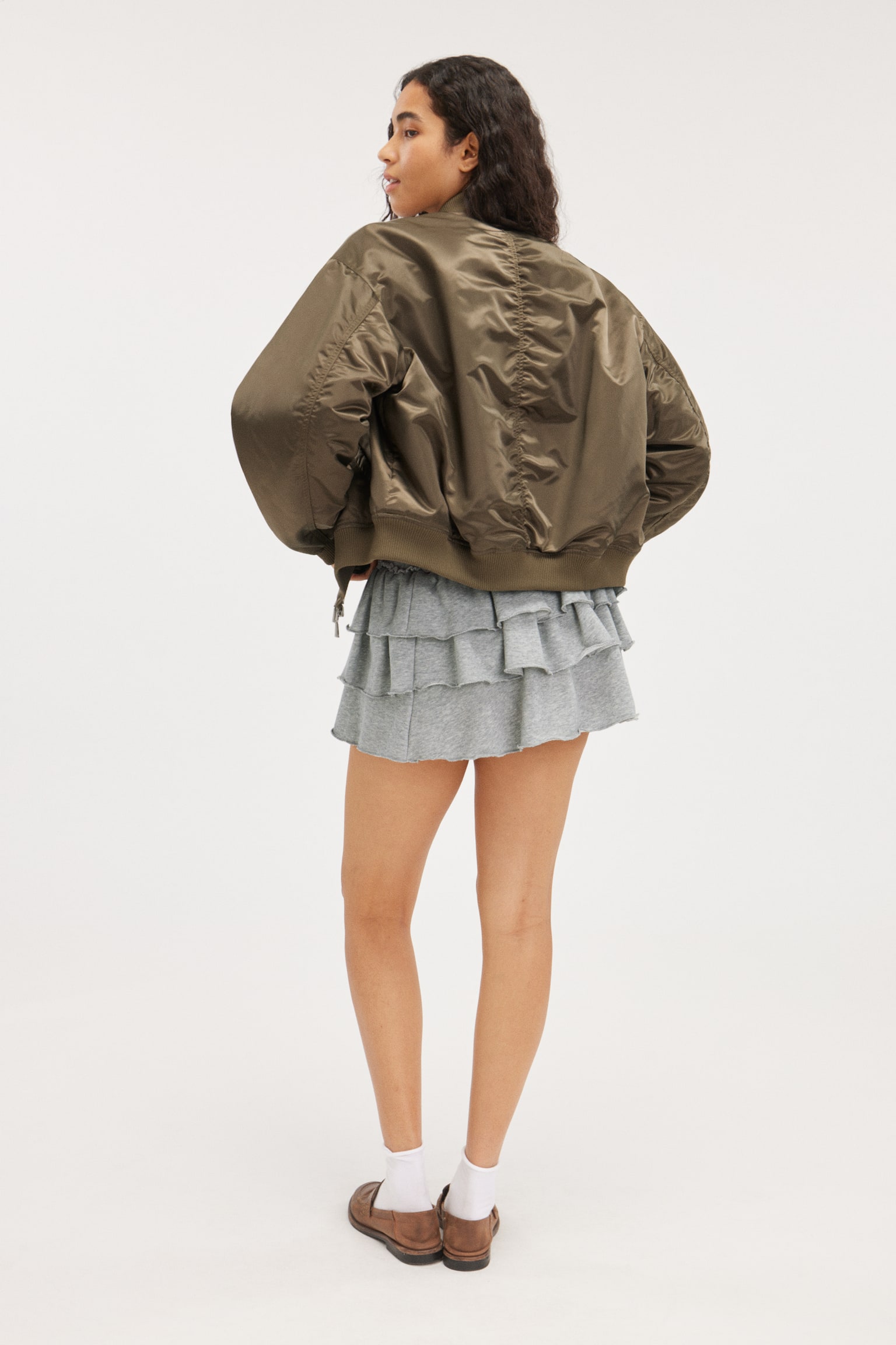 Loose Satin Bomber Jacket - Dark Khaki Green/Light Blue/Dark Brown - 5