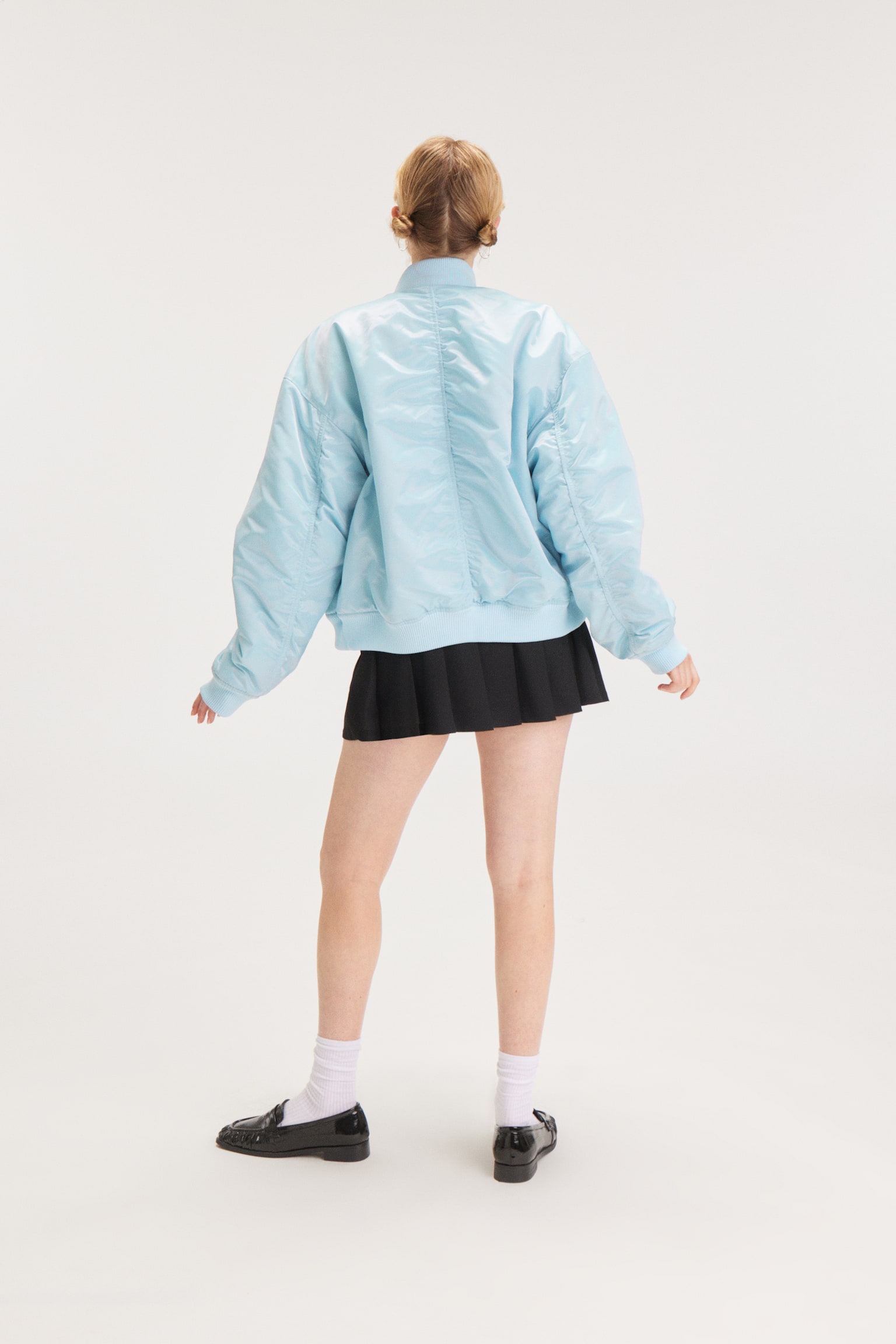 Loose Satin Bomber Jacket - Light Blue/Dark Khaki Green/Dark Brown - 5