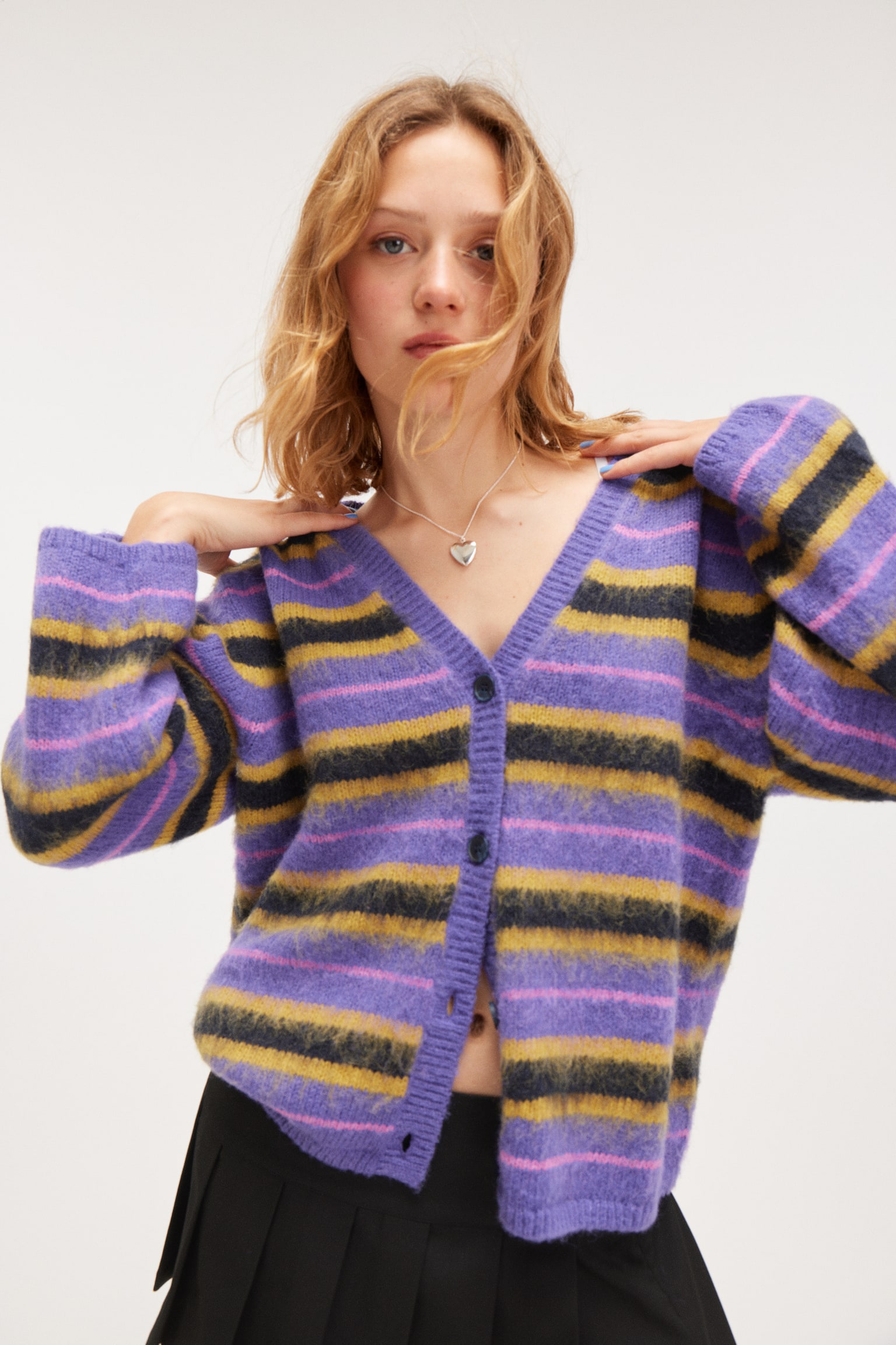 Fluffy knit cardigan - Purple Multi Stripe/Pink & Red Stripe - 1