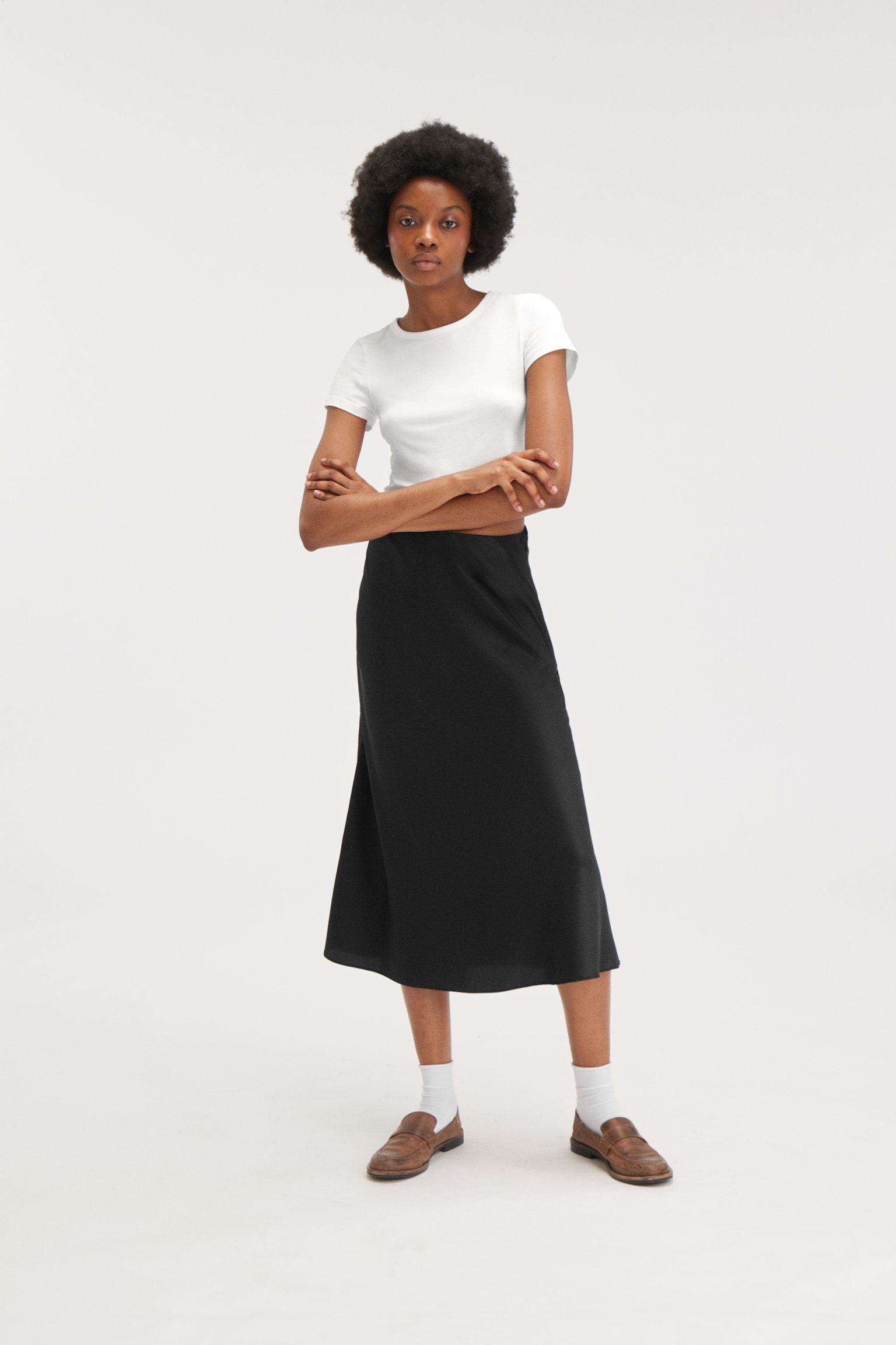 Satin midi skirt - Black/Cream - 1