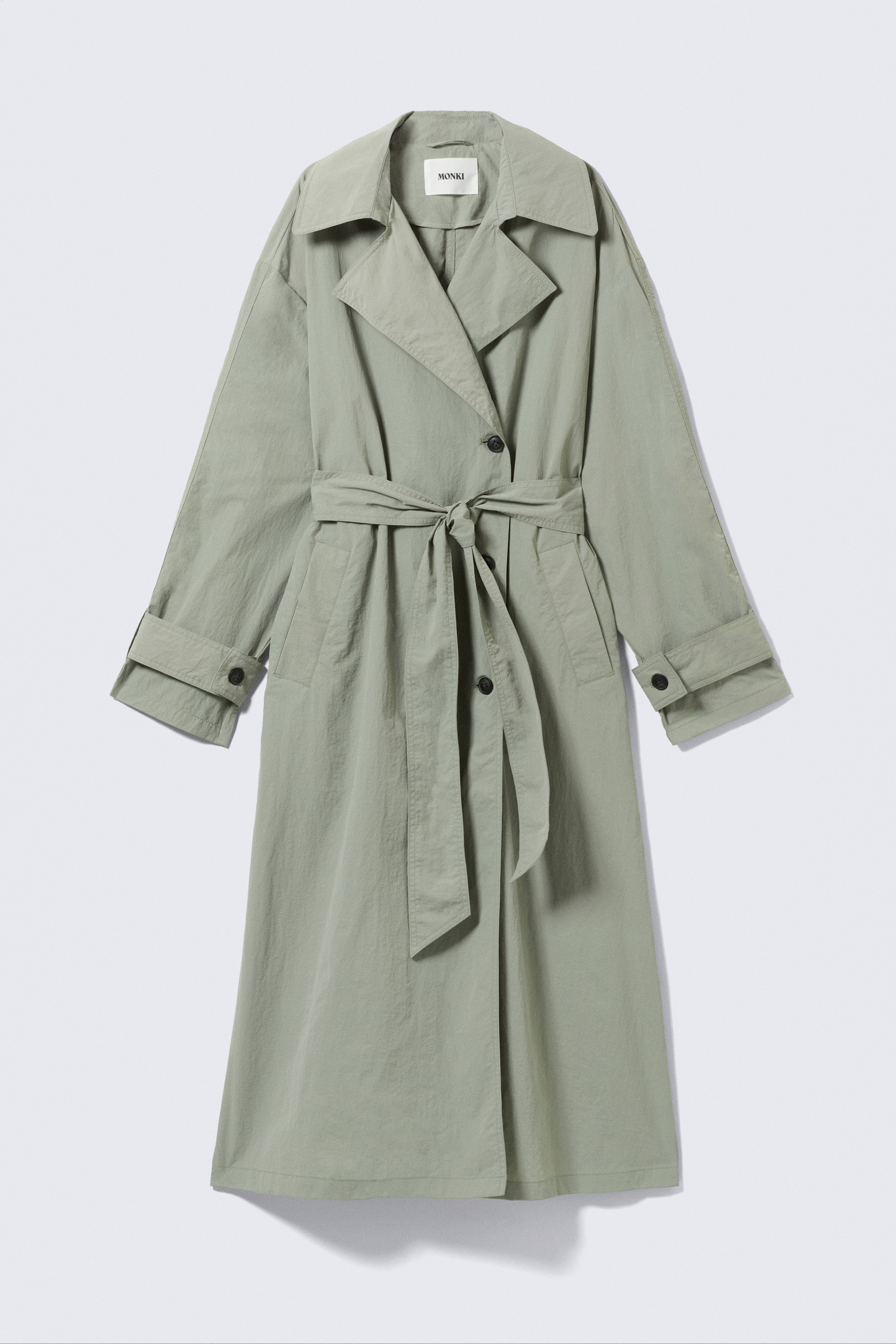 Oversized Belted Nylon Trench Coat - Khaki Green