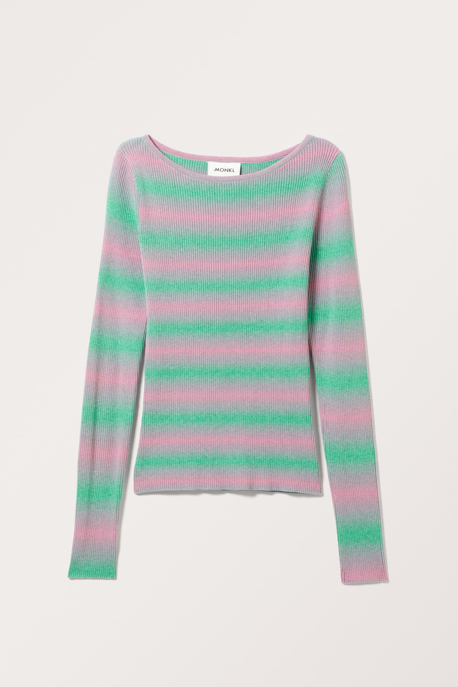 Rib-Knit Long Sleeve Boatneck Top - Green Pink/Orange Brown/Bright Purple - 2