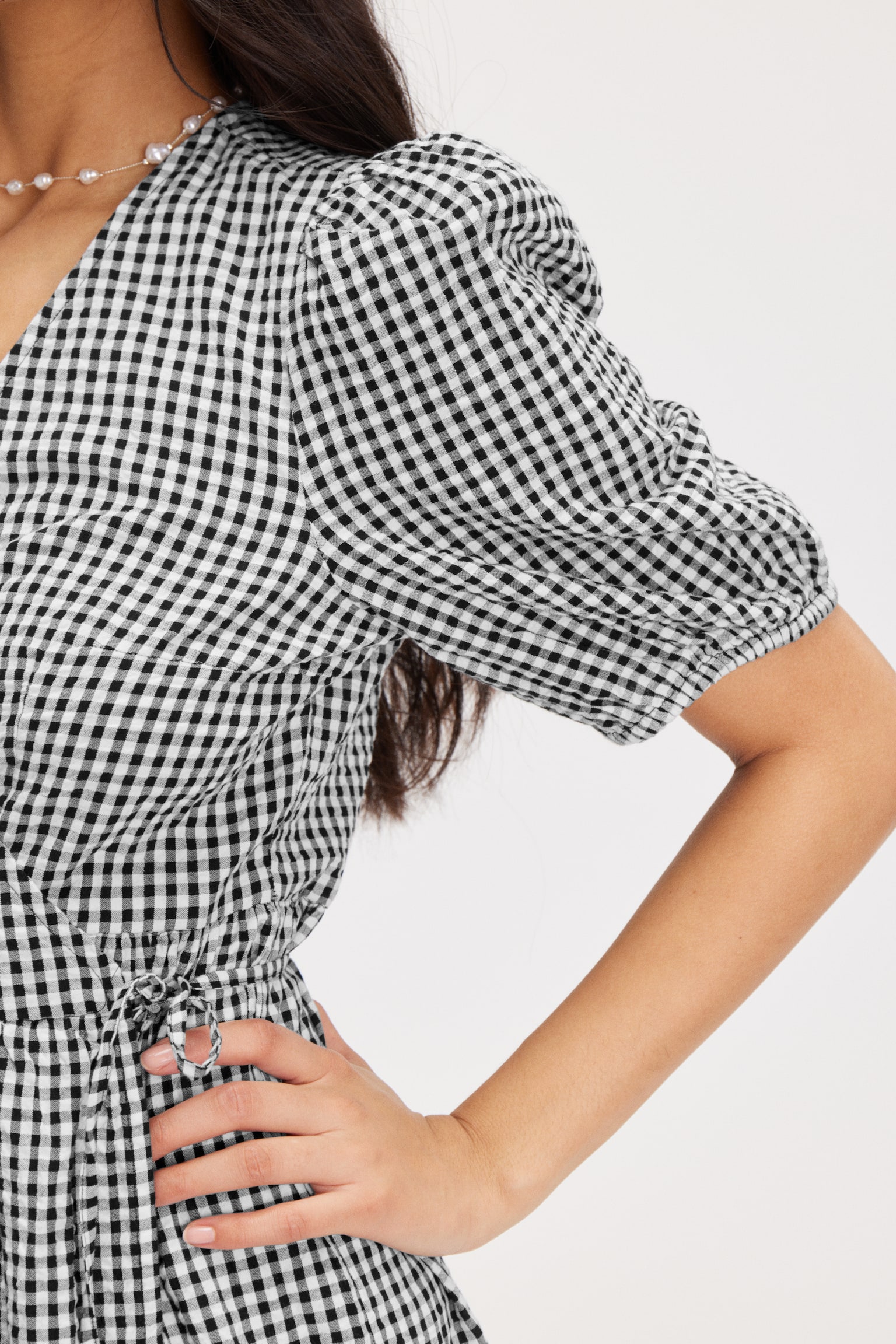 Short Sleeve Maxi Wrap Dress - Black Check/Light Blue Check - 5