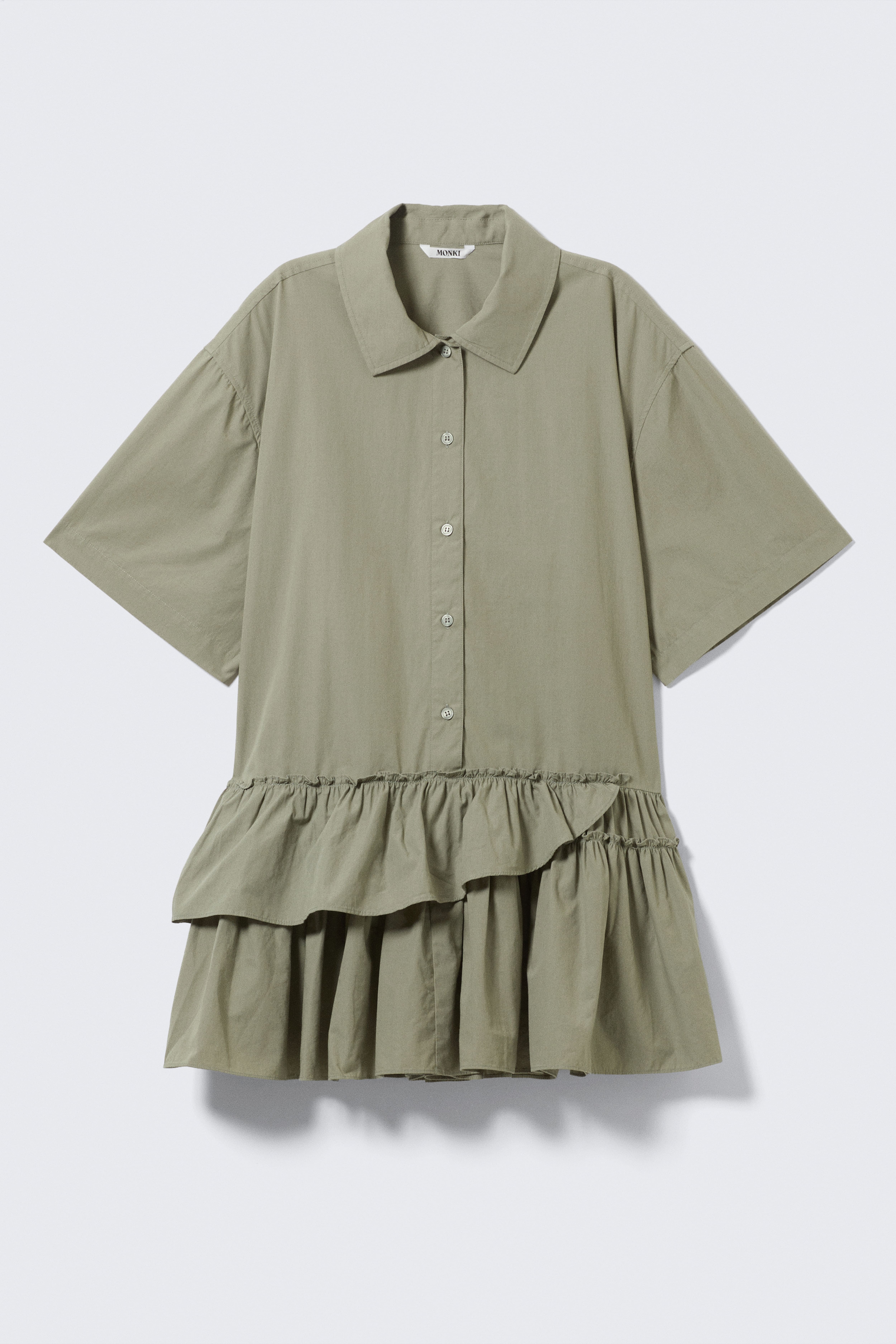 Φαρδύ μίνι πουκάμισο φόρεμα με βολάν - Χακί Πράσινο/White/Μπεζ