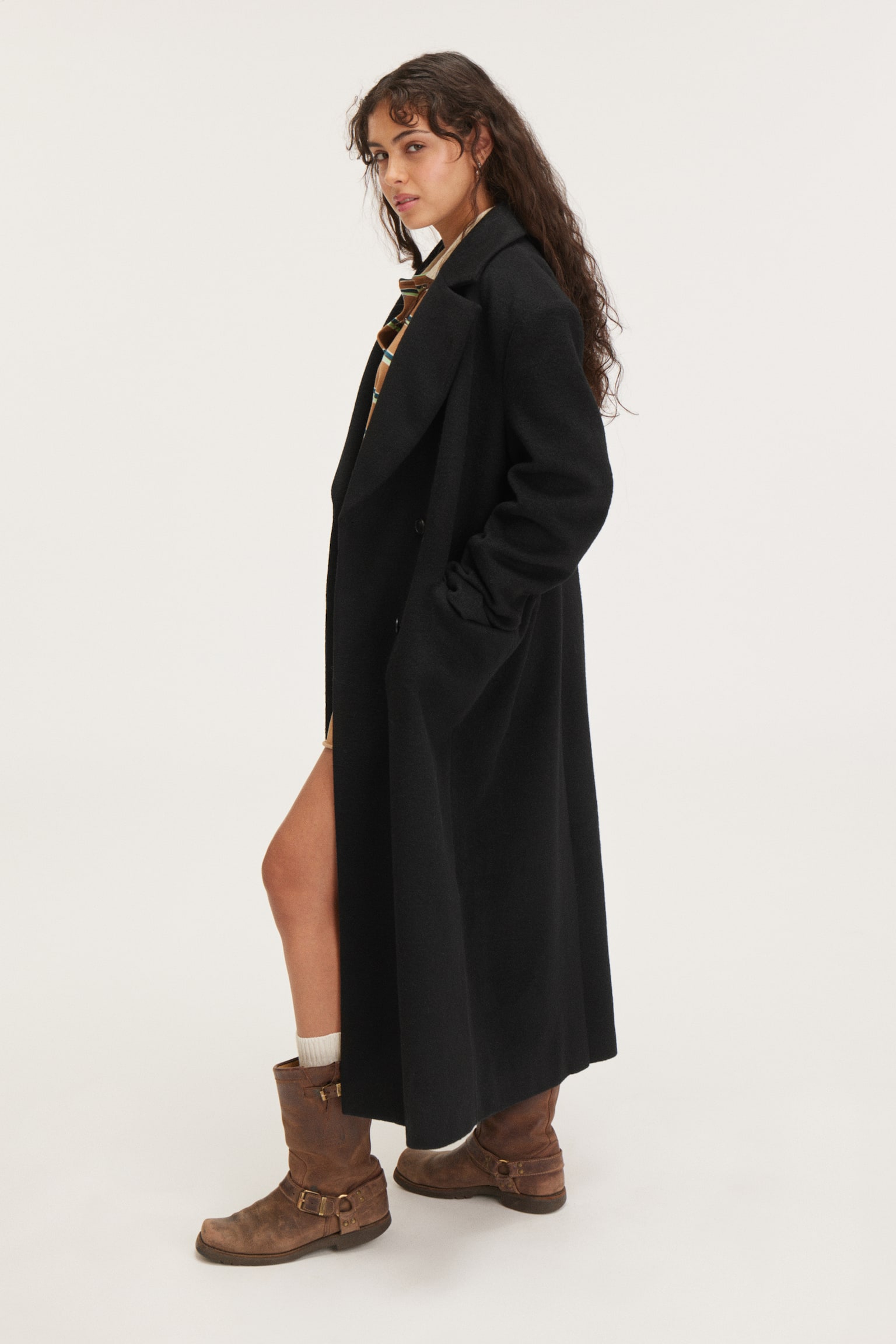 Long Oversized Double-Breasted Coat - Black/Grey - 5