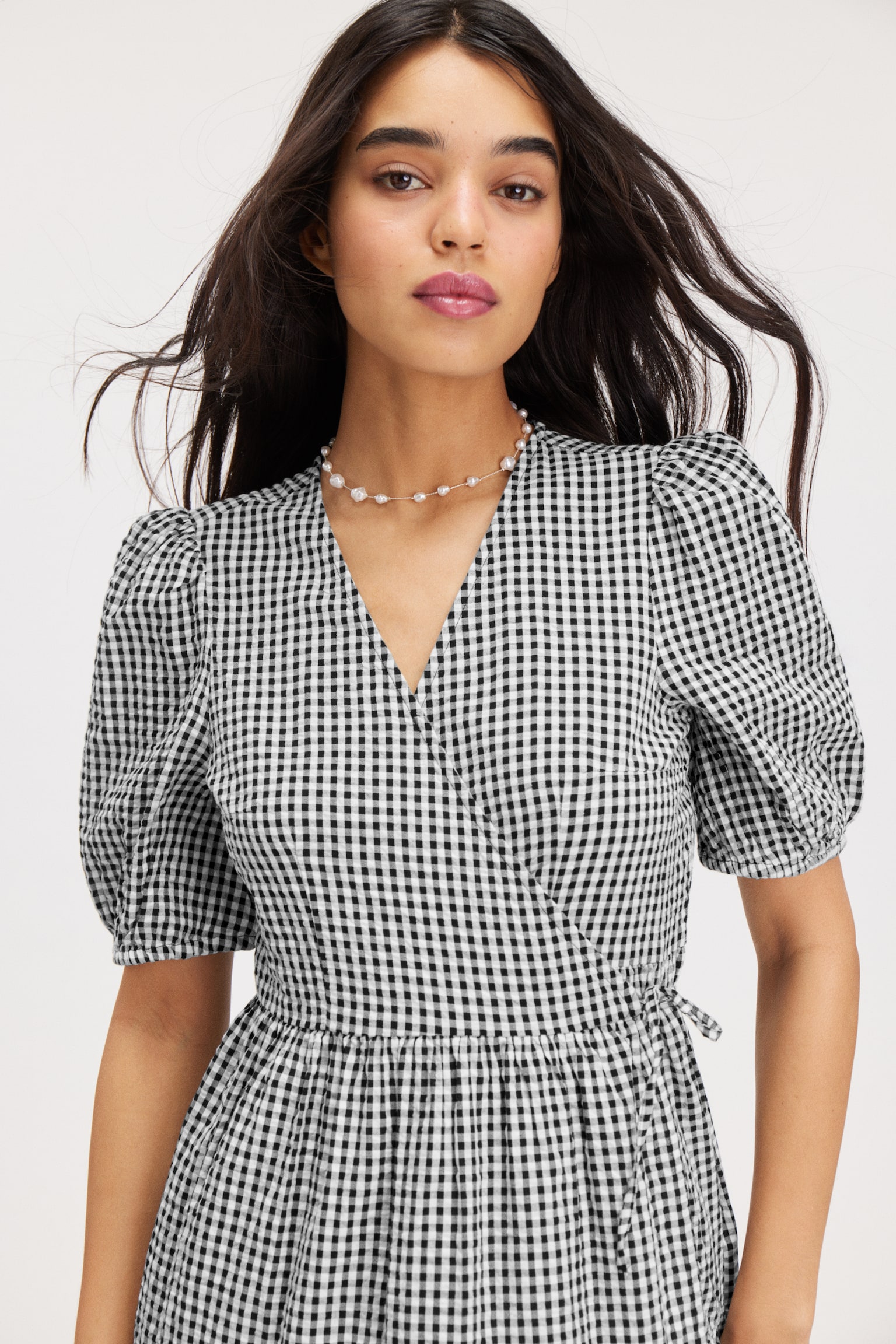 Short Sleeve Maxi Wrap Dress - Black Check/Light Blue Check - 6