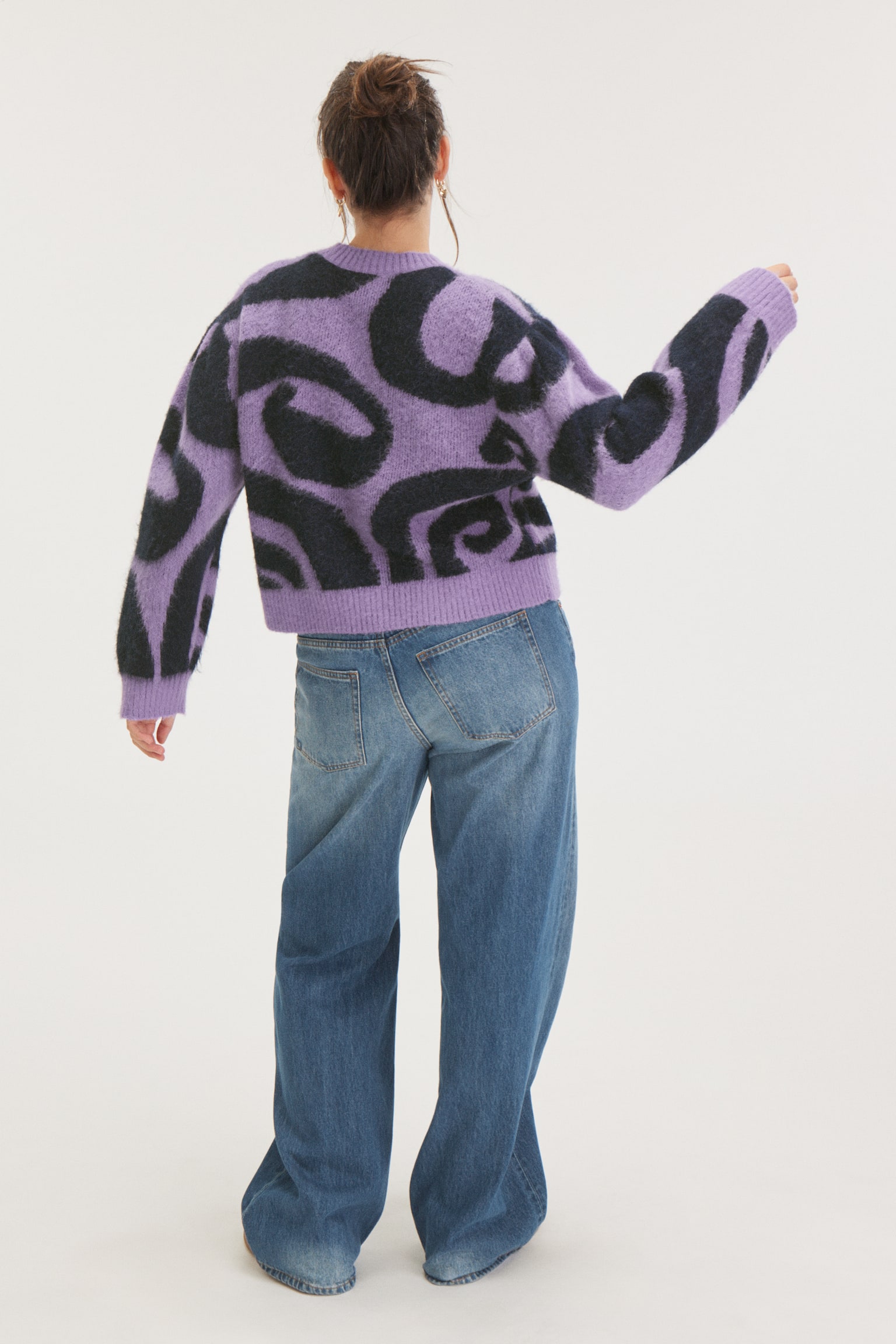 Knitted Puffy Sleeve Sweater - Purple - Black Swirls/Blue - Pink Swirls - 4