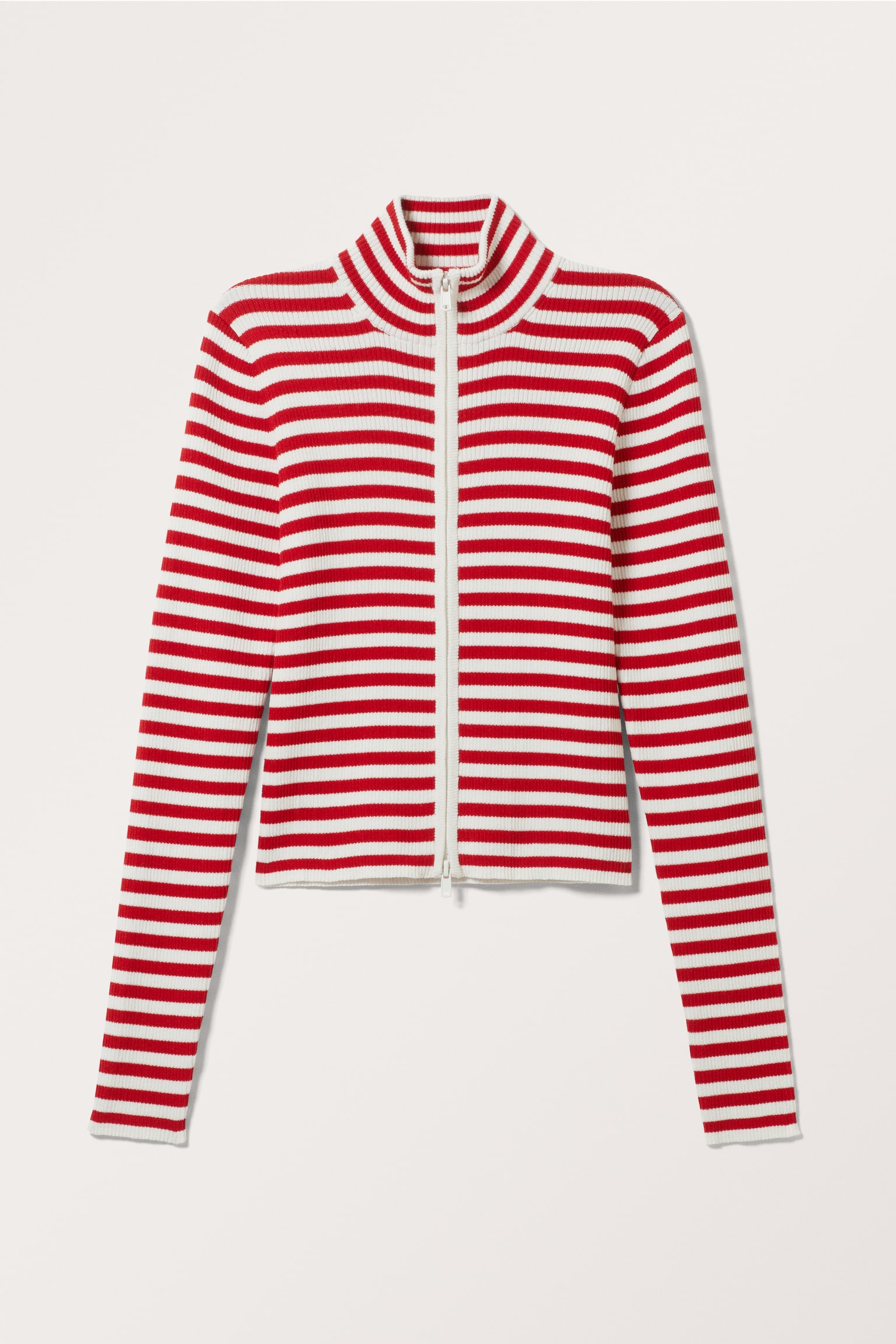 Cropped Knitted Zip Cardigan - Red & white stripes - 2