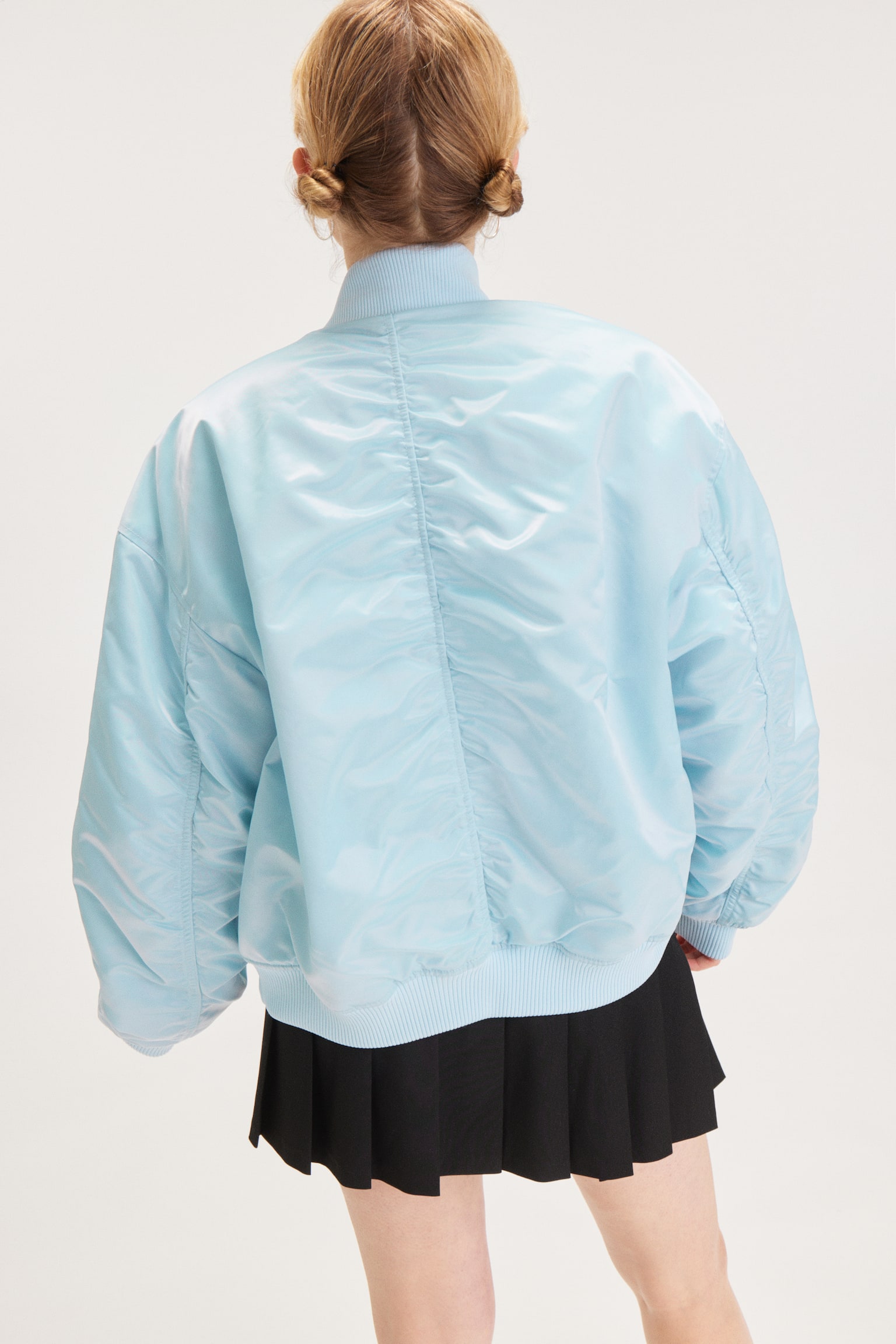 Loose Satin Bomber Jacket - Light Blue/Dark Khaki Green/Dark Brown - 6