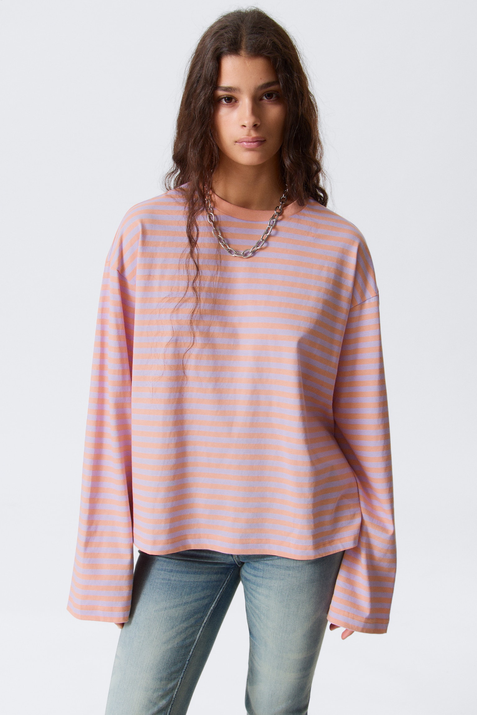 Longsleeve-Shirt aus Baumwolle - Koralle/Lila gestreift/Marineblau/Rosa gestreift/Blau/Mehrfarbig gestreift/Blau/braun gestreift/Rosa - Gelbe Streifen/Staubweiß - Braune Streifen - 1