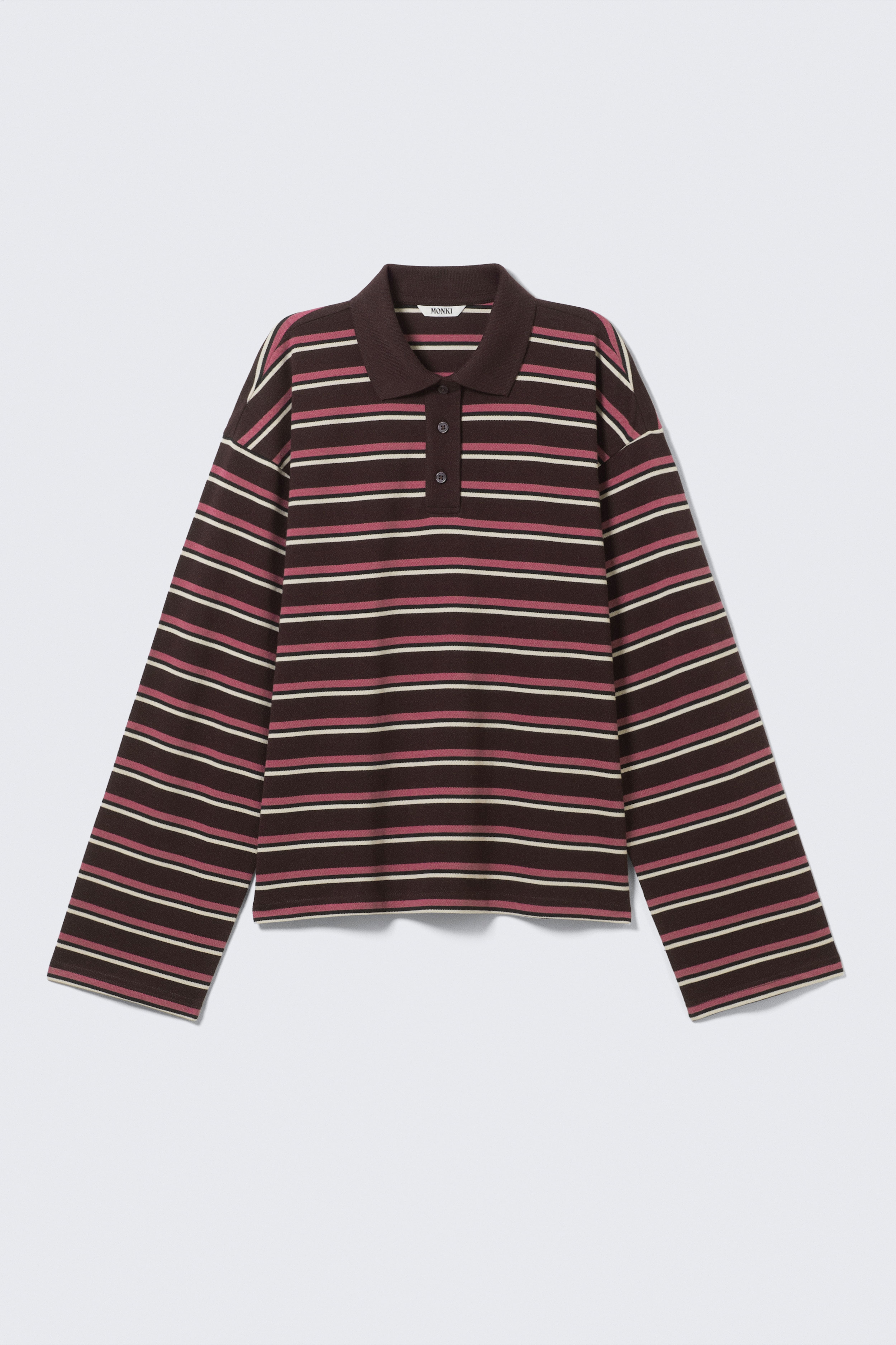Langärmliges Poloshirt aus Baumwolle - Dunkle Pflaume - Rosa Streifen/Blasses Flieder gestreift/Hellrosa gestreift/Dunkelbraun gestreift