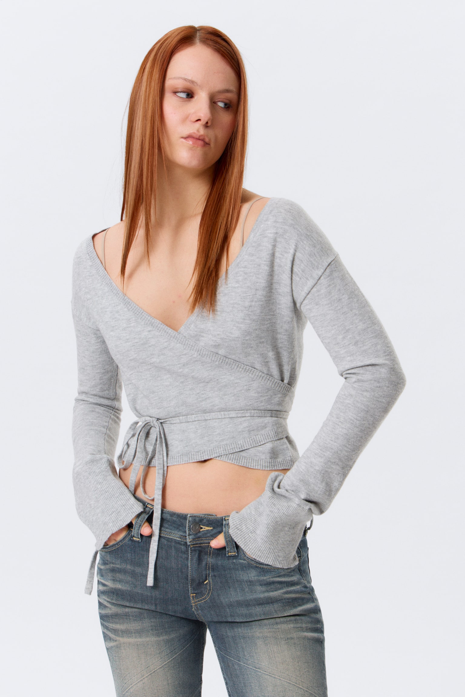 V-hals slå-om strikcardigan - Gråmeleret/Sort/Lyserød - 5