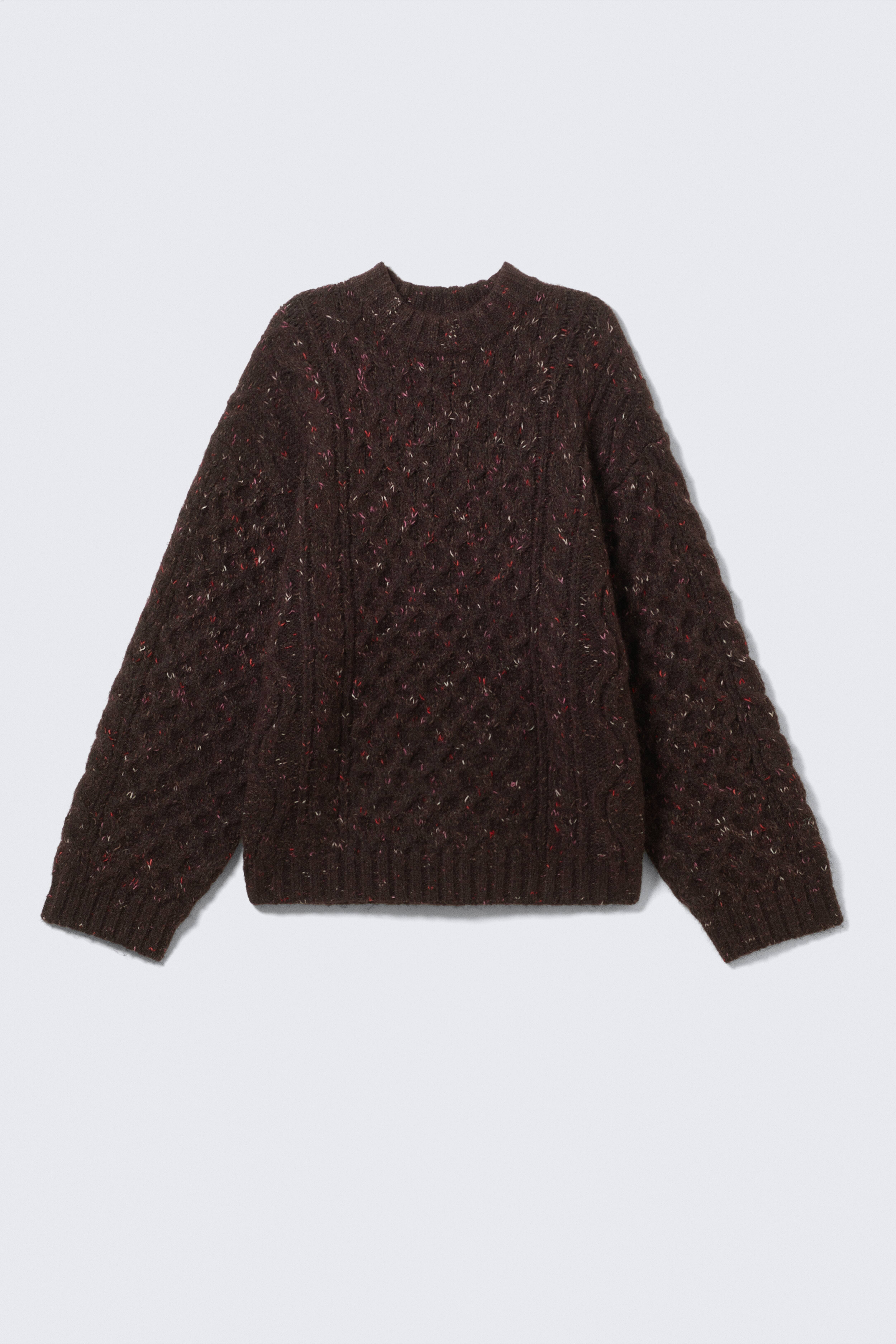 Langer, strukturierter Strickpullover mit Zopfmuster - Dunkelviolett - Rosa Knötchen/Leuchtendes Rot/Beige - Rosa Knötchen