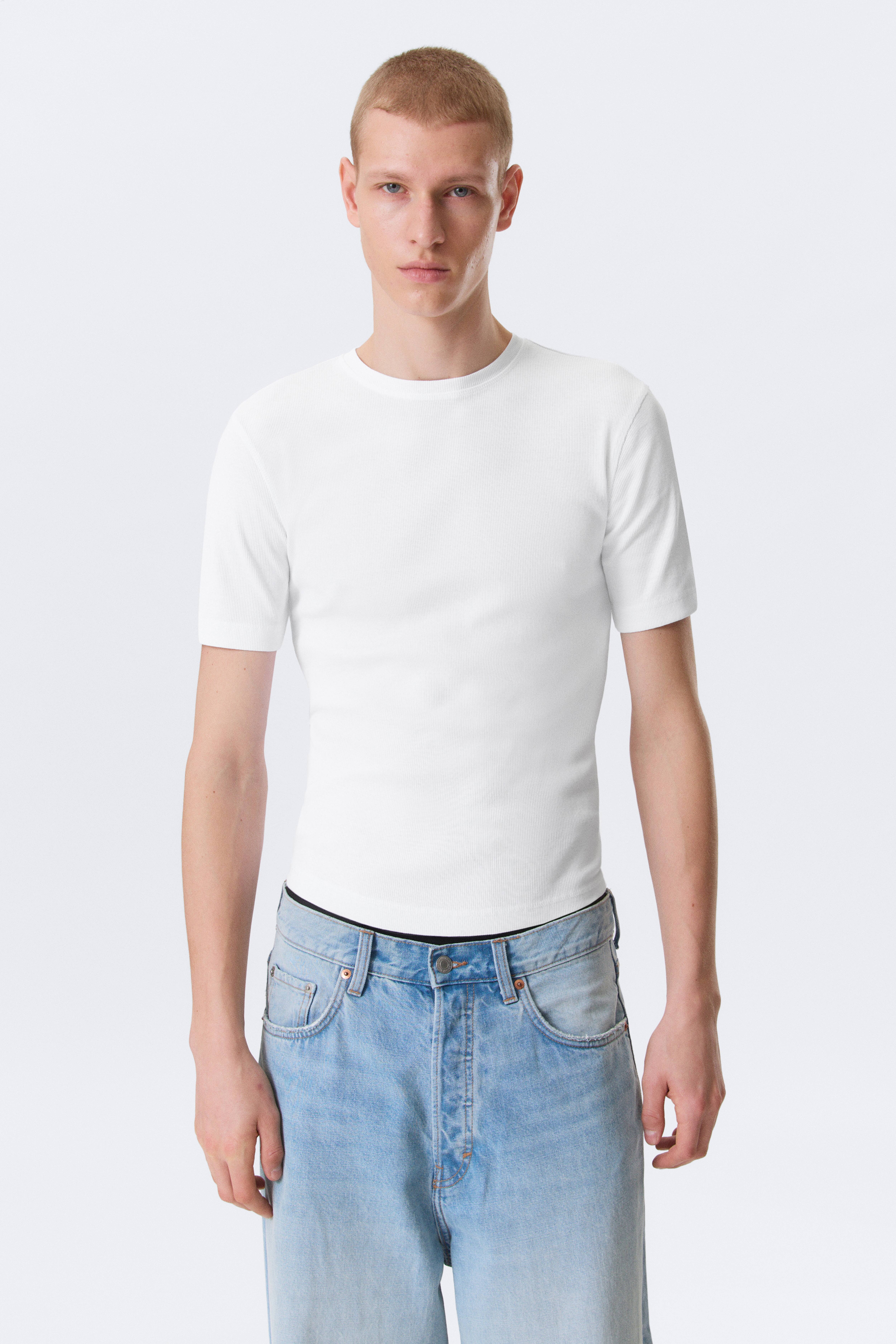 T-shirt slim in cotone a coste - Bianco/Talpa scuro lavato/Nero