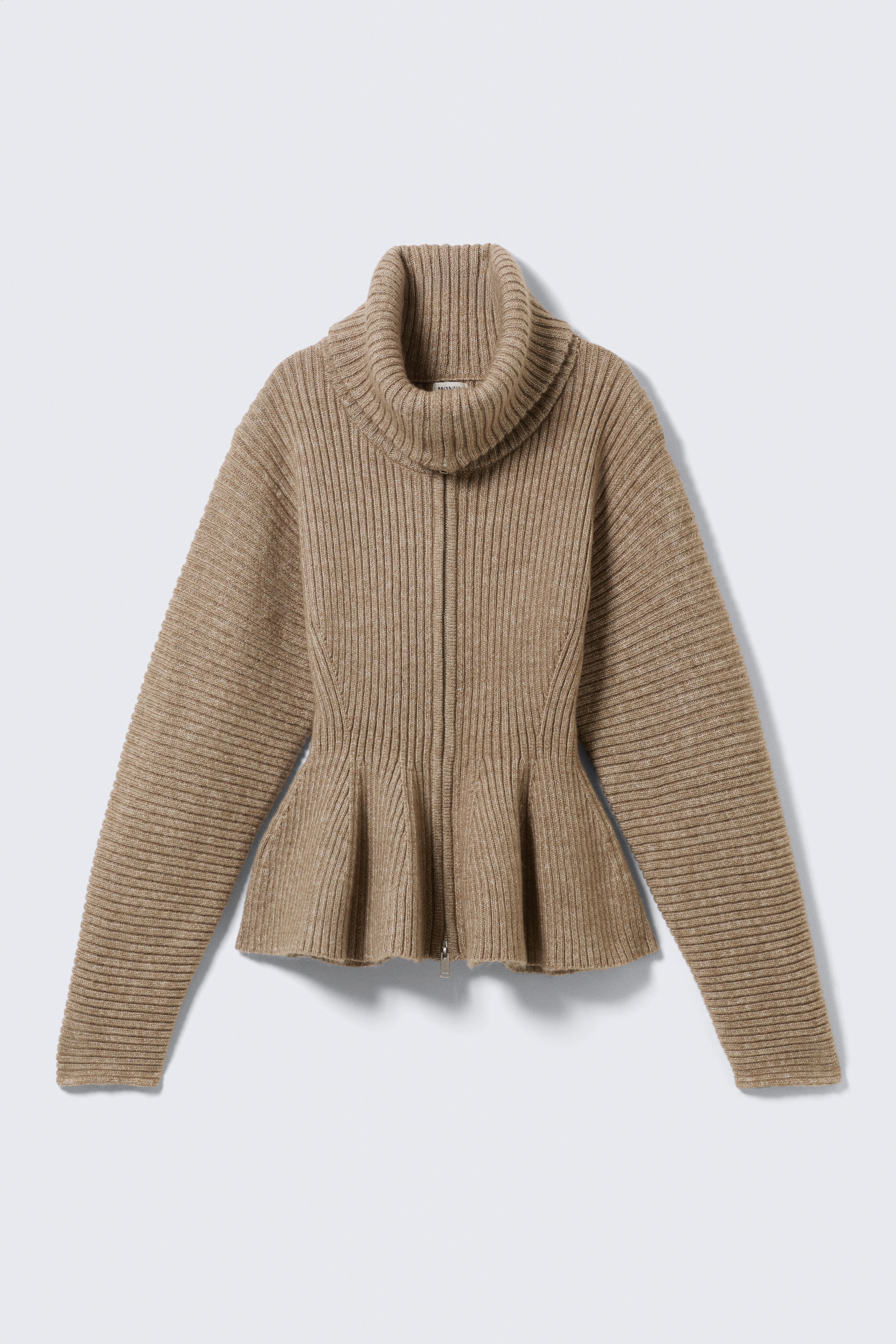 Pull zippé péplum en maille côtelée - Taupe cendré/Blanc