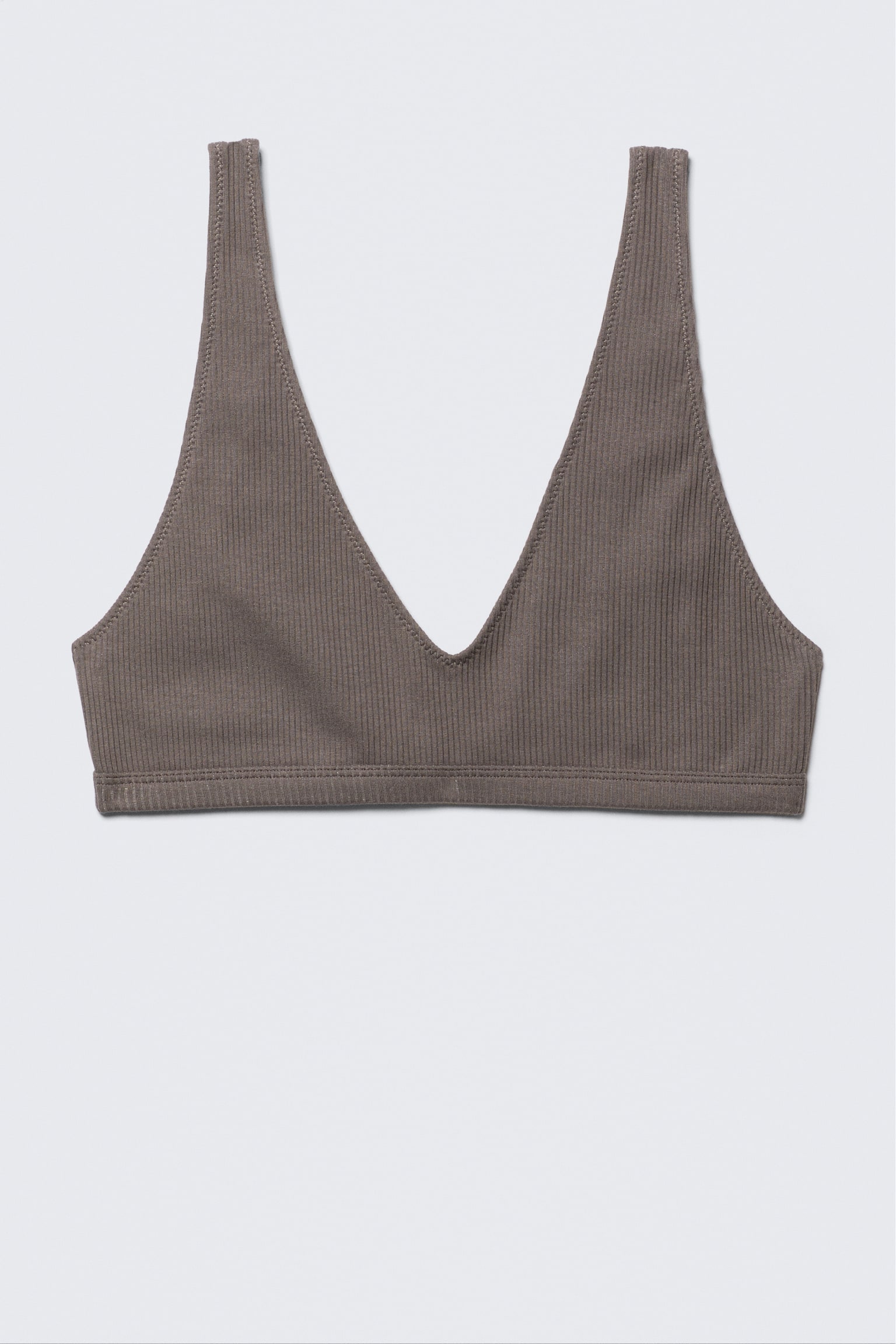 Gerippter Soft-BH mit tiefem V-Ausschnitt - Dunkles Graubraun/Weiß - 2