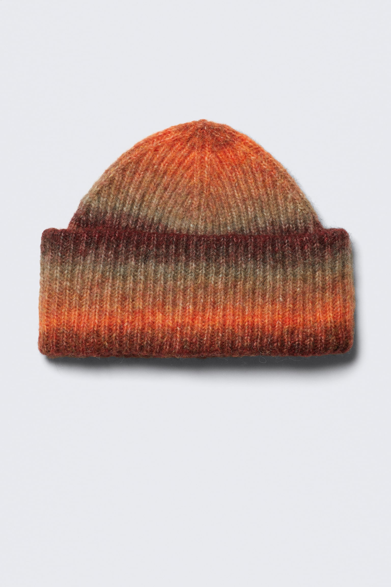 Gebreide geribde muts met omgeslagen rand - Bright Orange & Burgundy/Beige