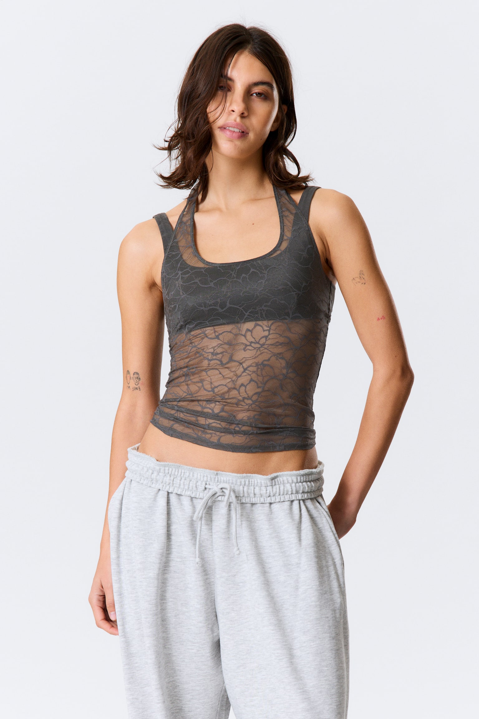 Neckholder-Top aus wirbeliger Spitze - Dunkelgrau/Beige - 3