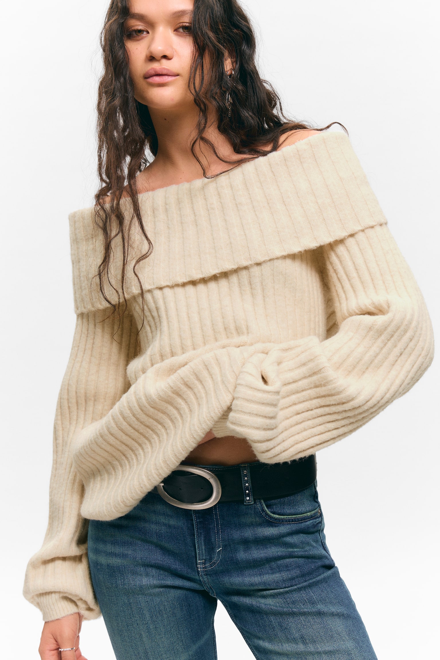 Off-Shoulder Ribbed Knitted Sweater - Light Beige/Grey Melange - 1
