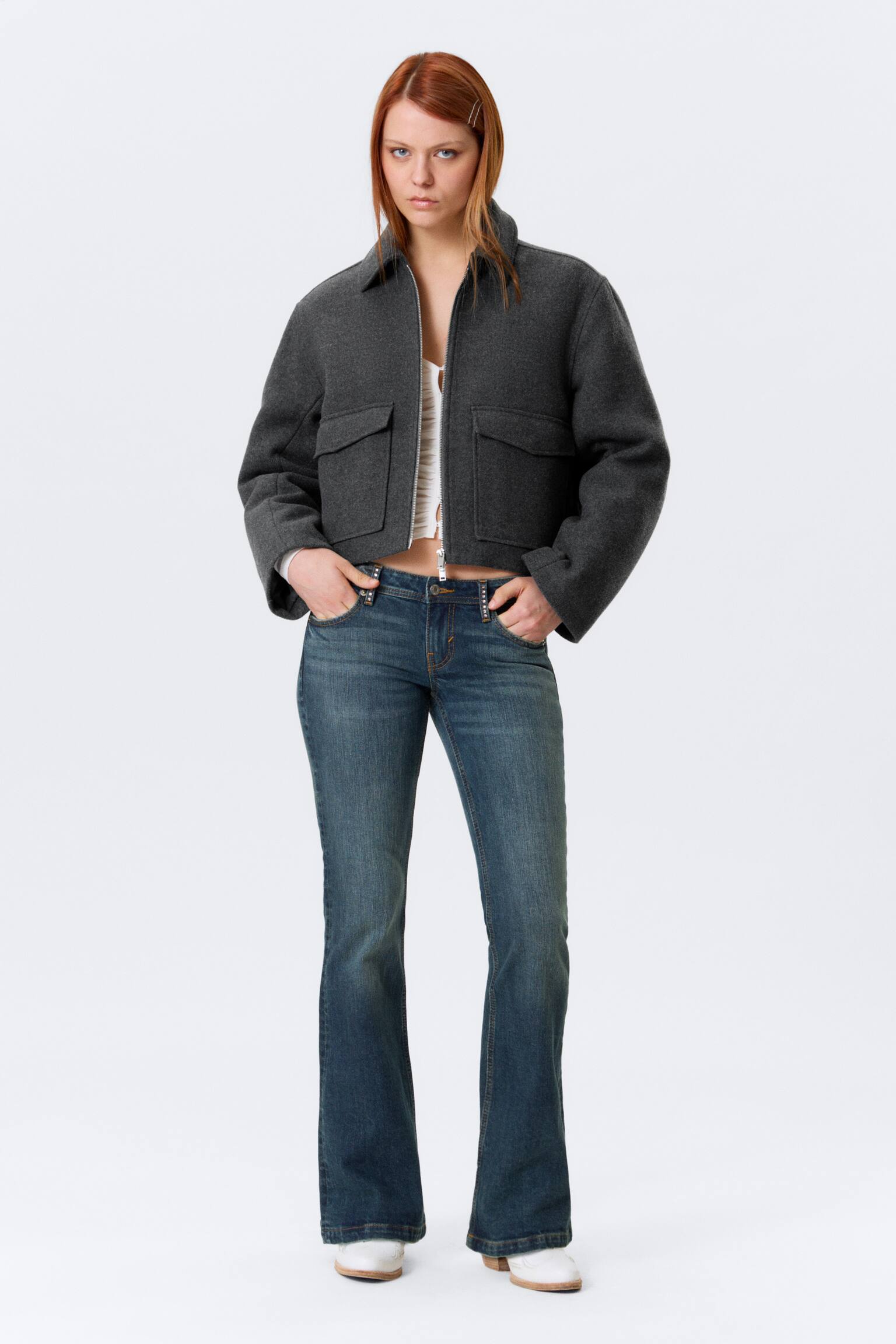 Kurze, kastige Zip-Jacke - Dunkelgrau meliert/Mattes Braun/Dunkelbraun/Kariert - 1