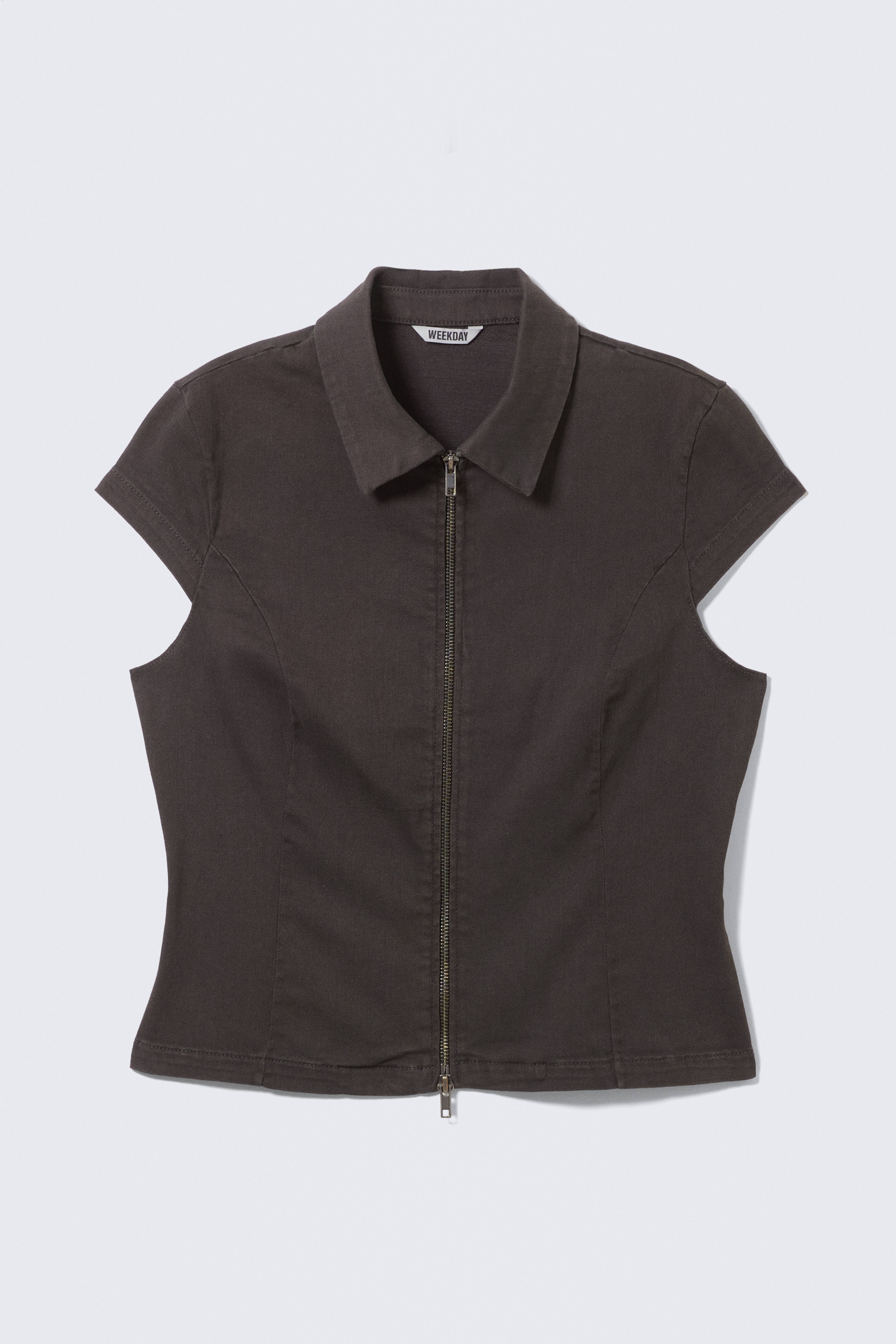Figurnära kortärmad topp med dragkedja - Mörkgrå/Mörkgråmelerad/Randig svart/Beige/Svart