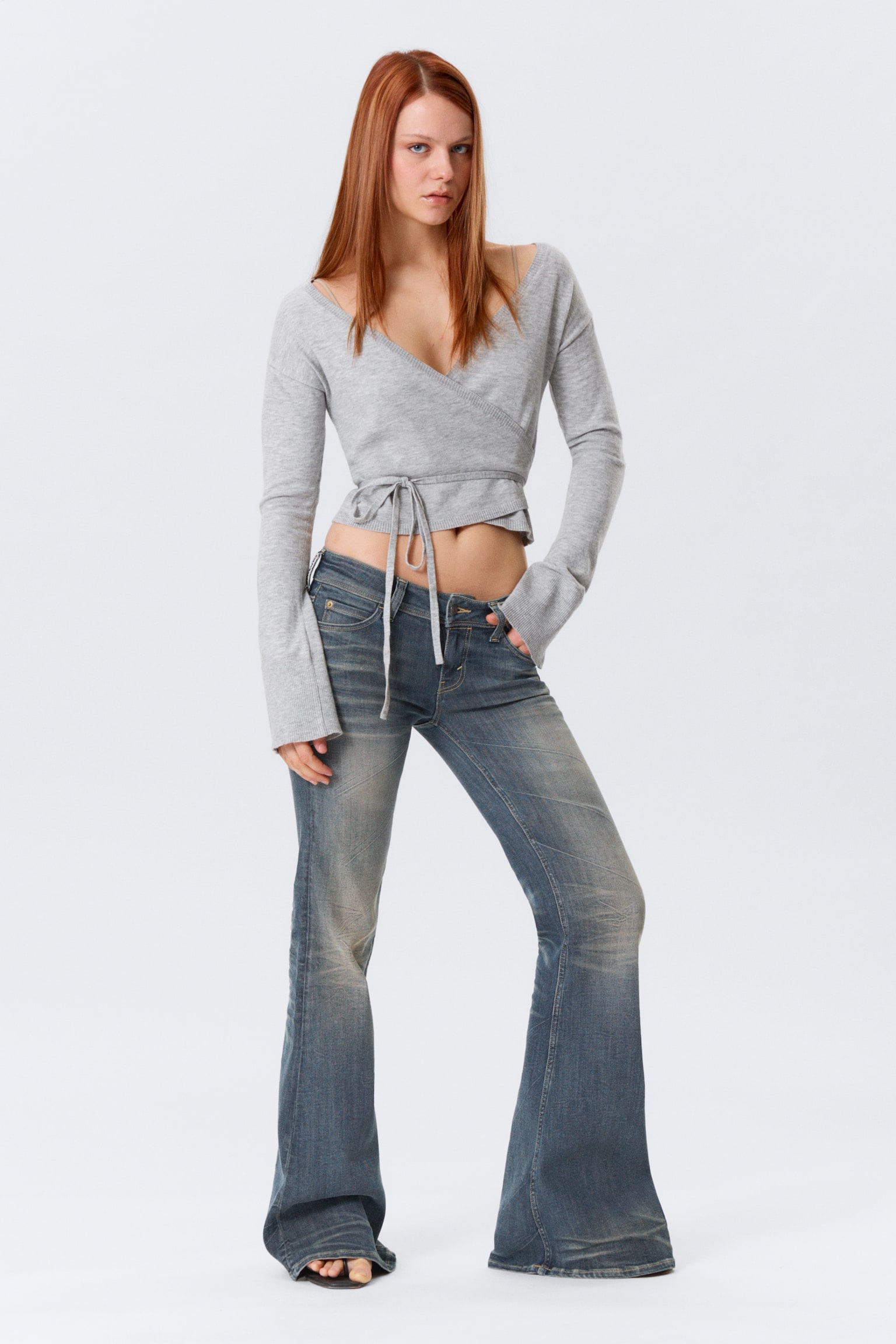 V-hals slå-om strikcardigan - Gråmeleret/Sort/Lyserød - 1