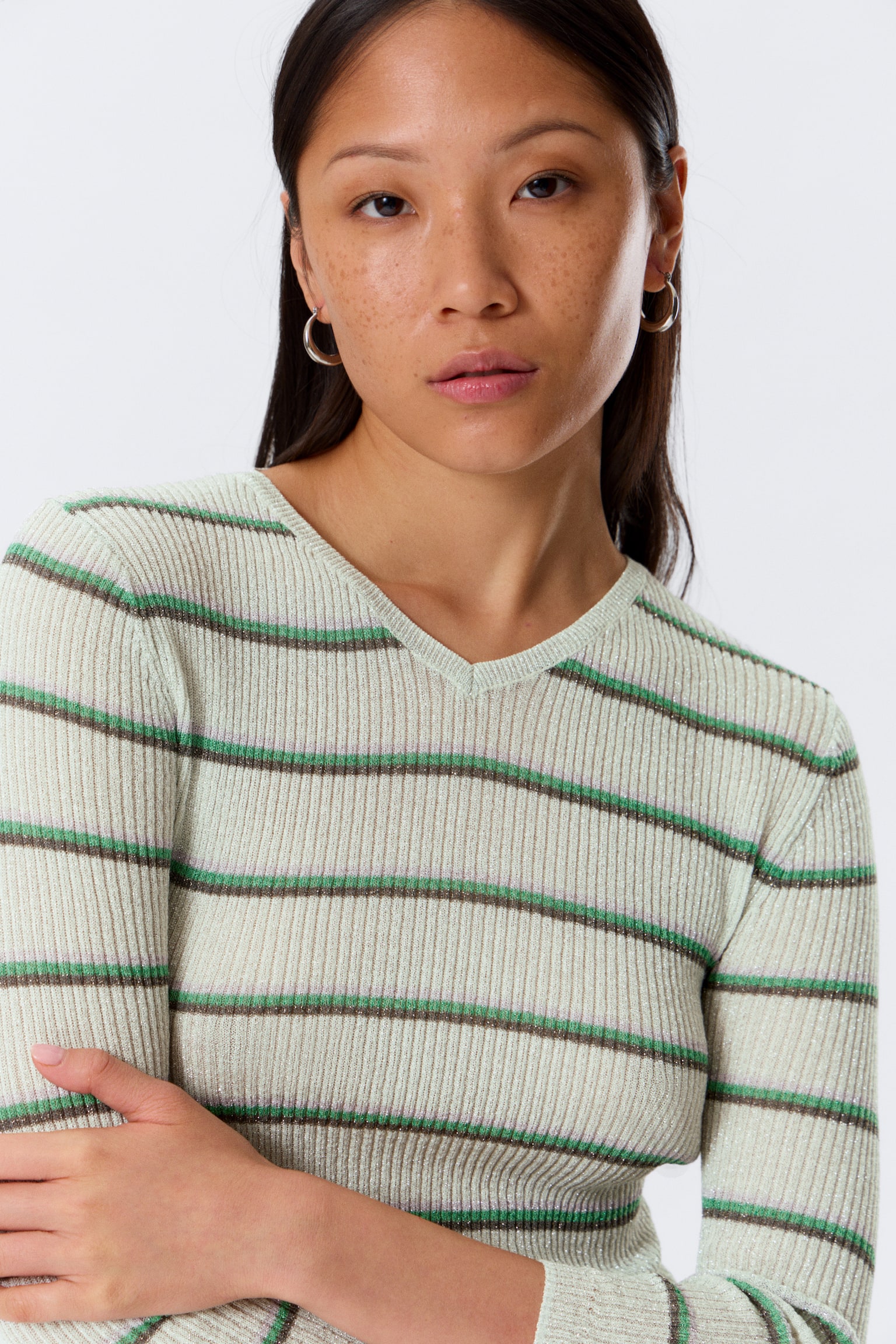 Pullover a V in misto lana - Striped Light Grey/Rosa chiaro - 6