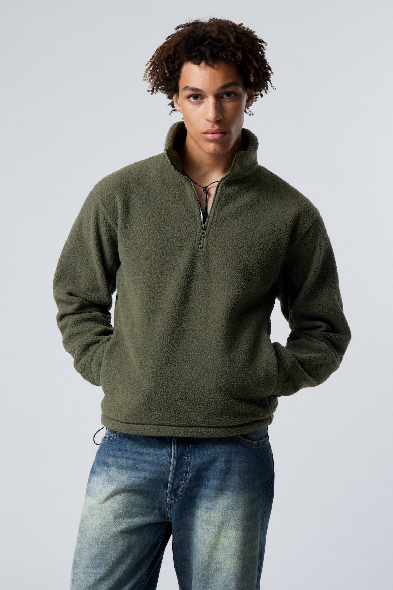 Half-Zip Fleece Sweatshirt - Dark Khaki Green/Black/Dark Blue - 1