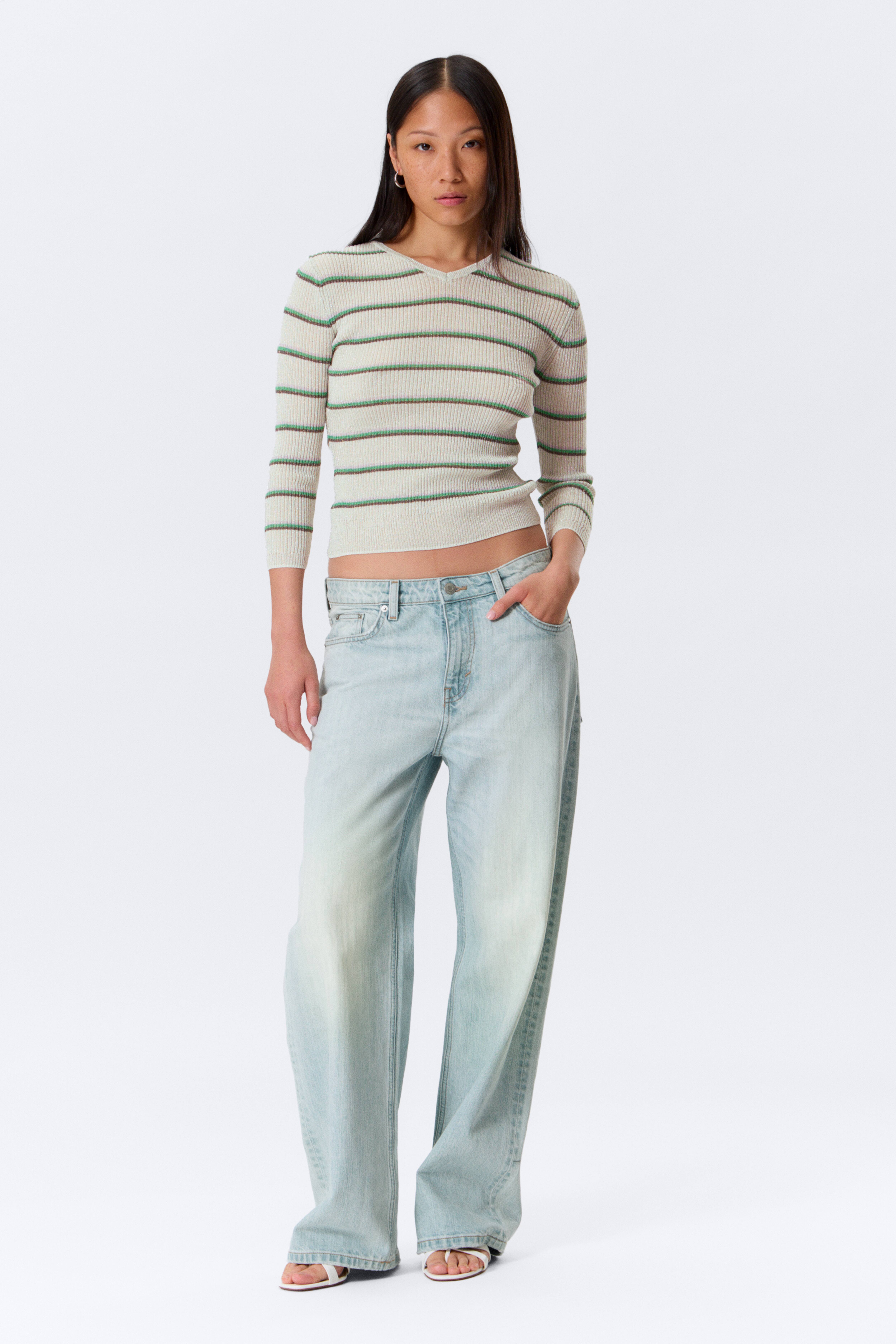 Pullover a V in misto lana - Striped Light Grey/Rosa chiaro
