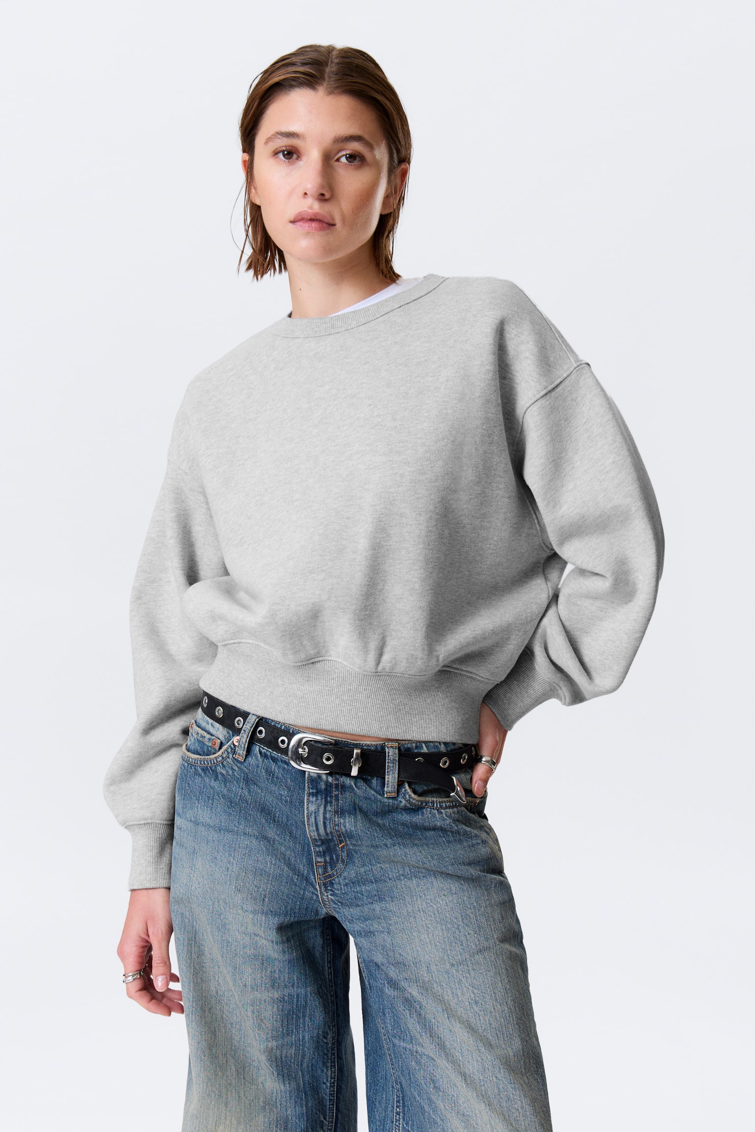 Sweat court boxy en coton - Gris chiné/Bleu foncé - 1
