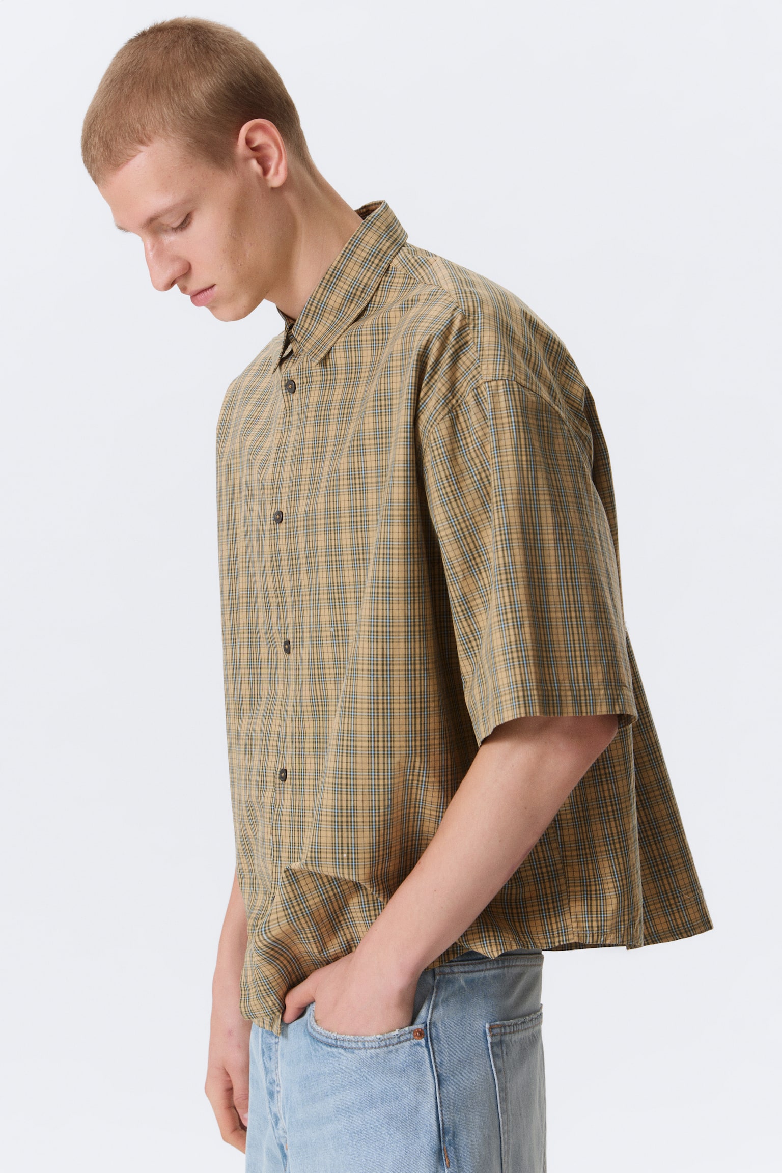 Boxy kortærmet skjorte - Checked Beige - 4