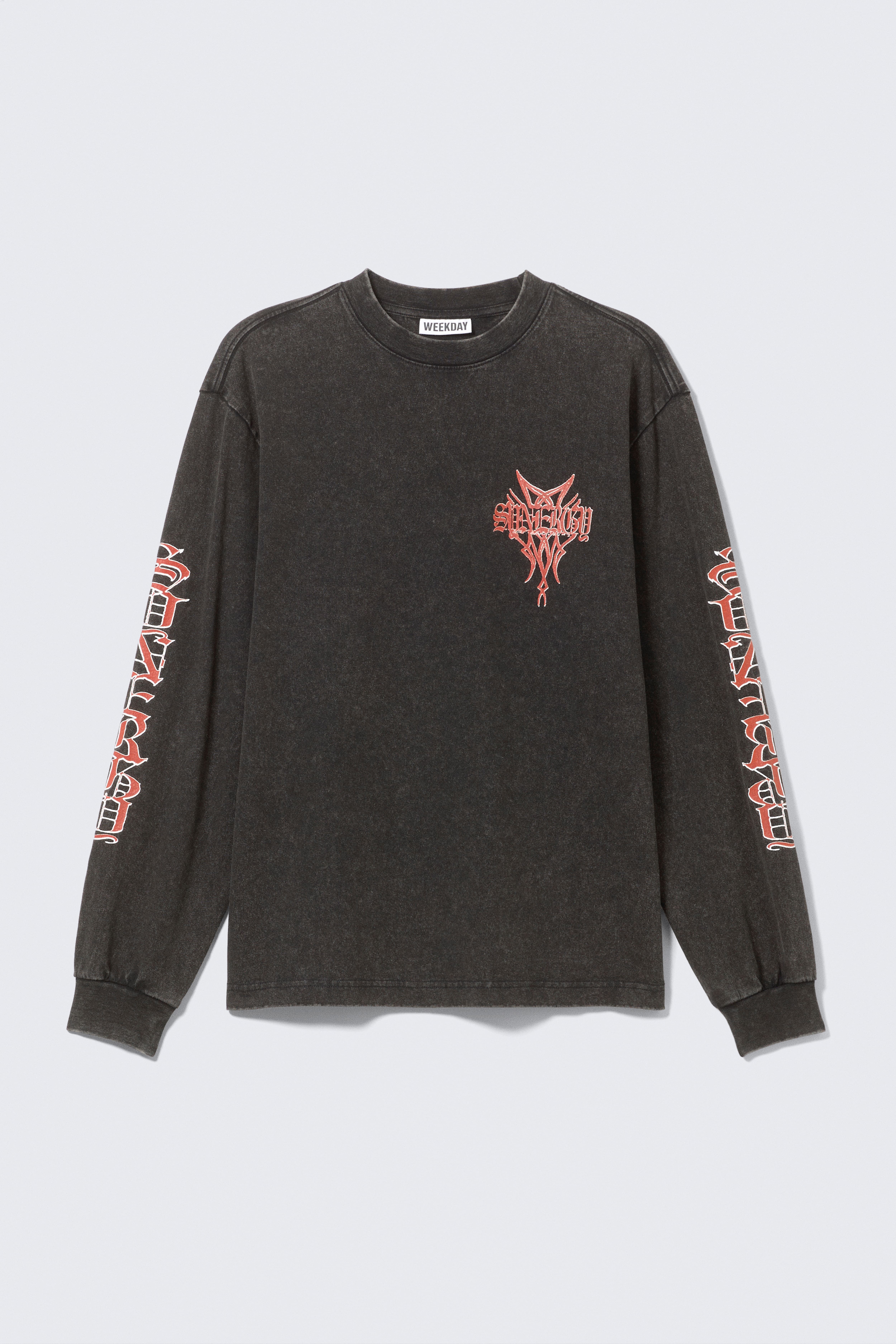 Релаксирана графична тениска с дълъг ръкав - Изпрано сиво - червен принт