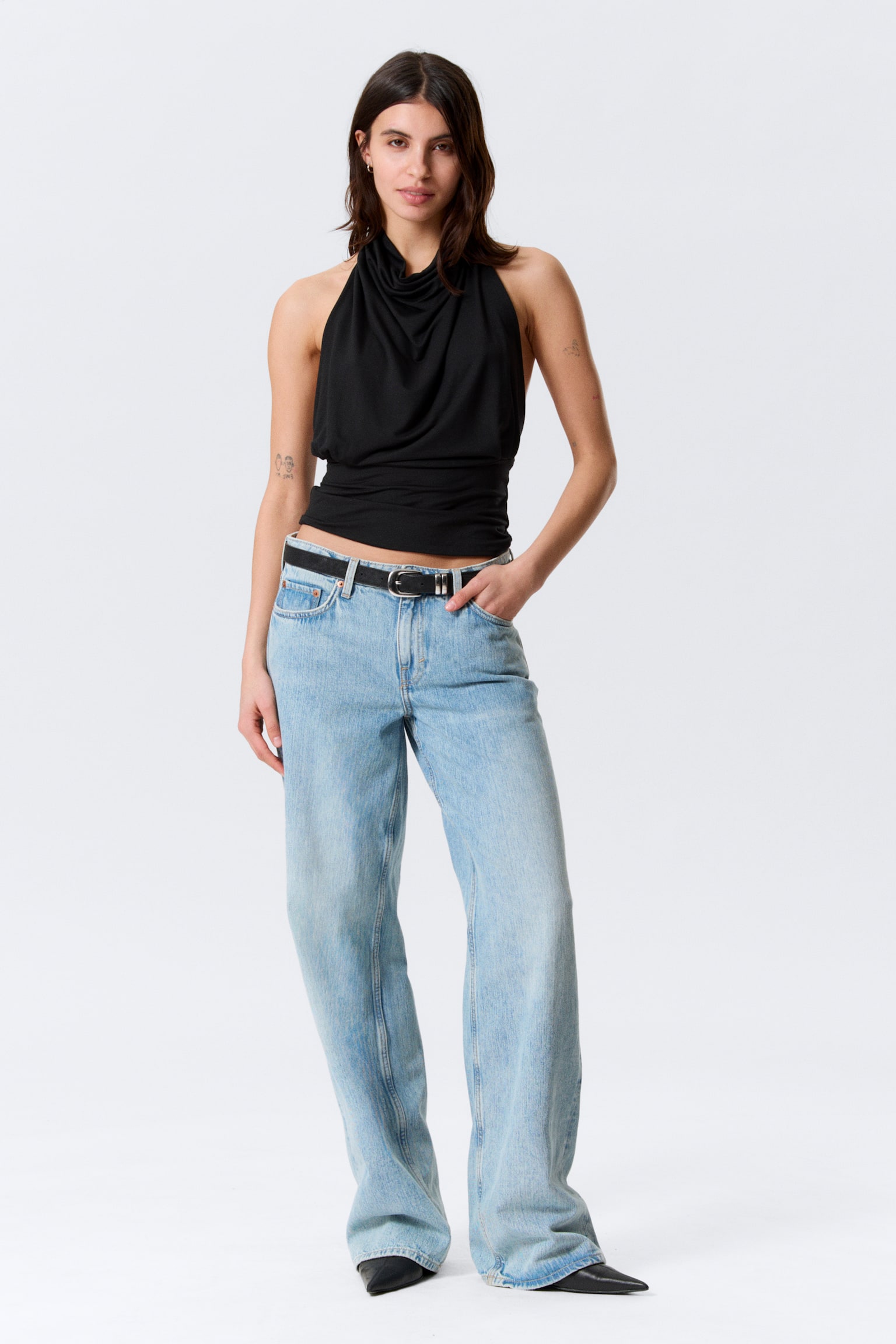 Draperet haltertop - Sort/Lyseblå - 3