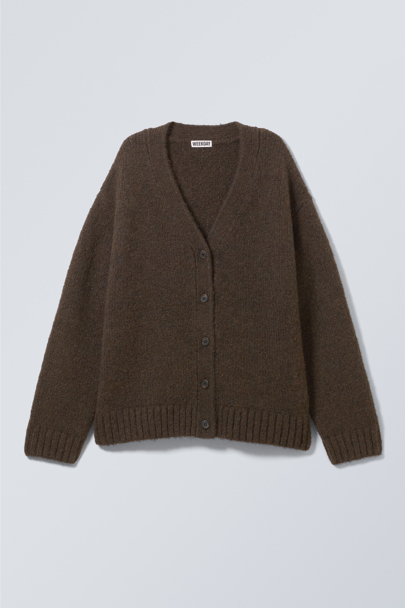 Knitted Single-Breasted Cardigan - Dark Brown/Dark Grey Melange