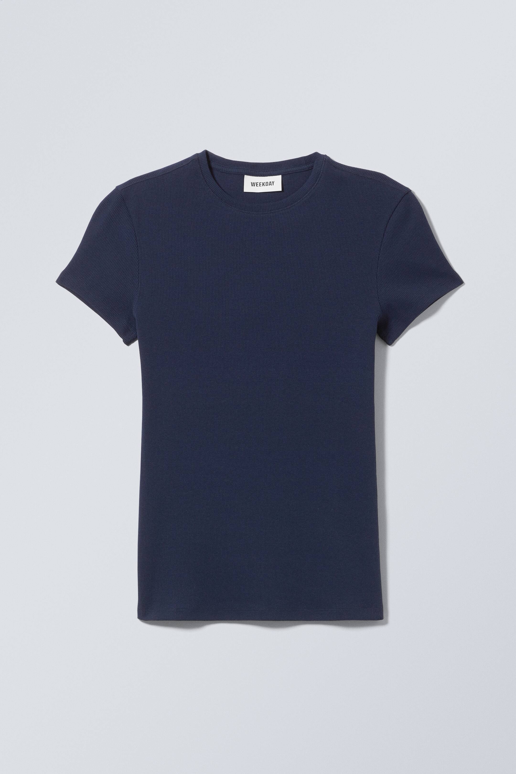 Enges, geripptes T-Shirt - Rundausschnitt - Kurzarm - Dunkelblau 