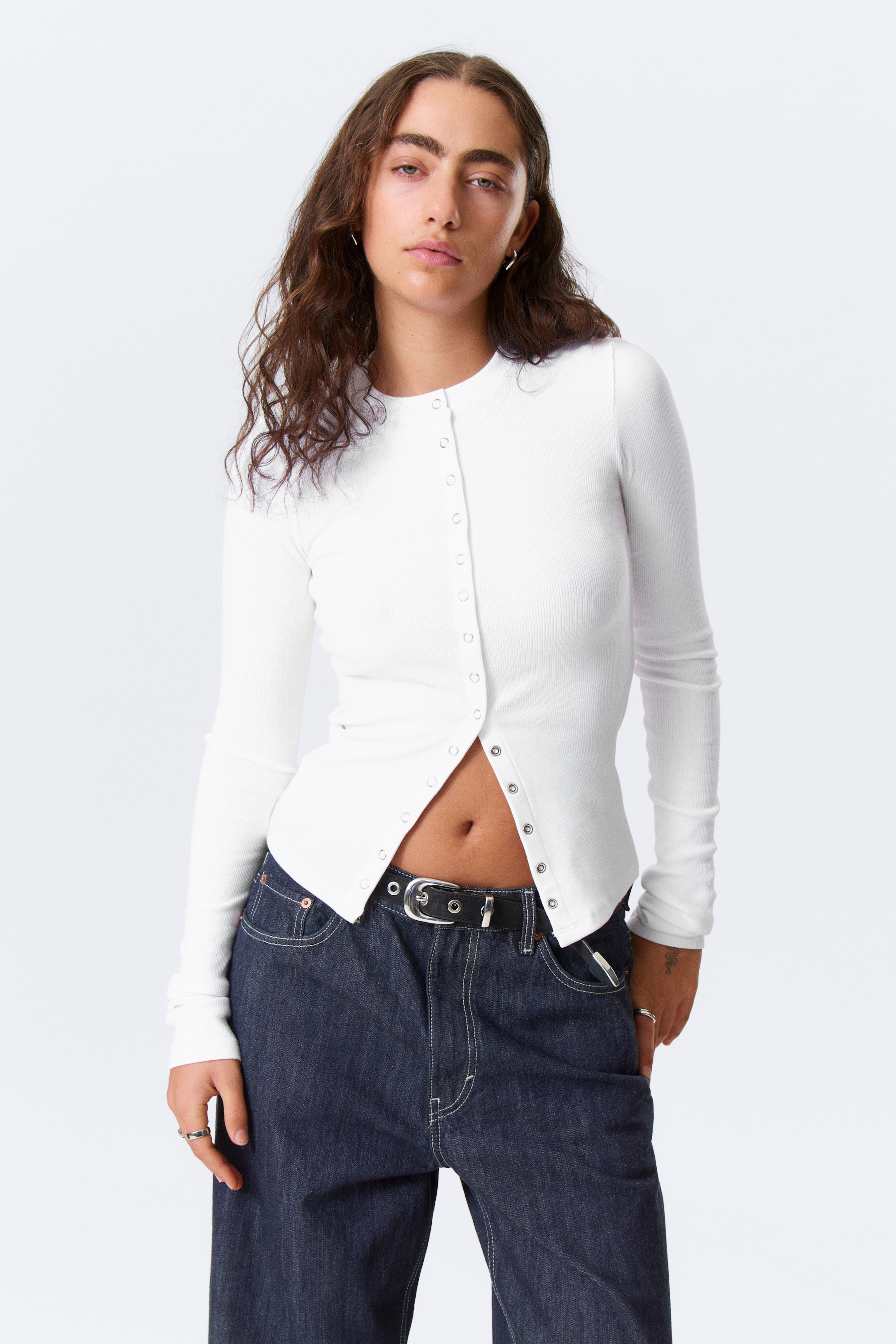 Cardigan a coste a maniche lunghe - Bianco/Nero