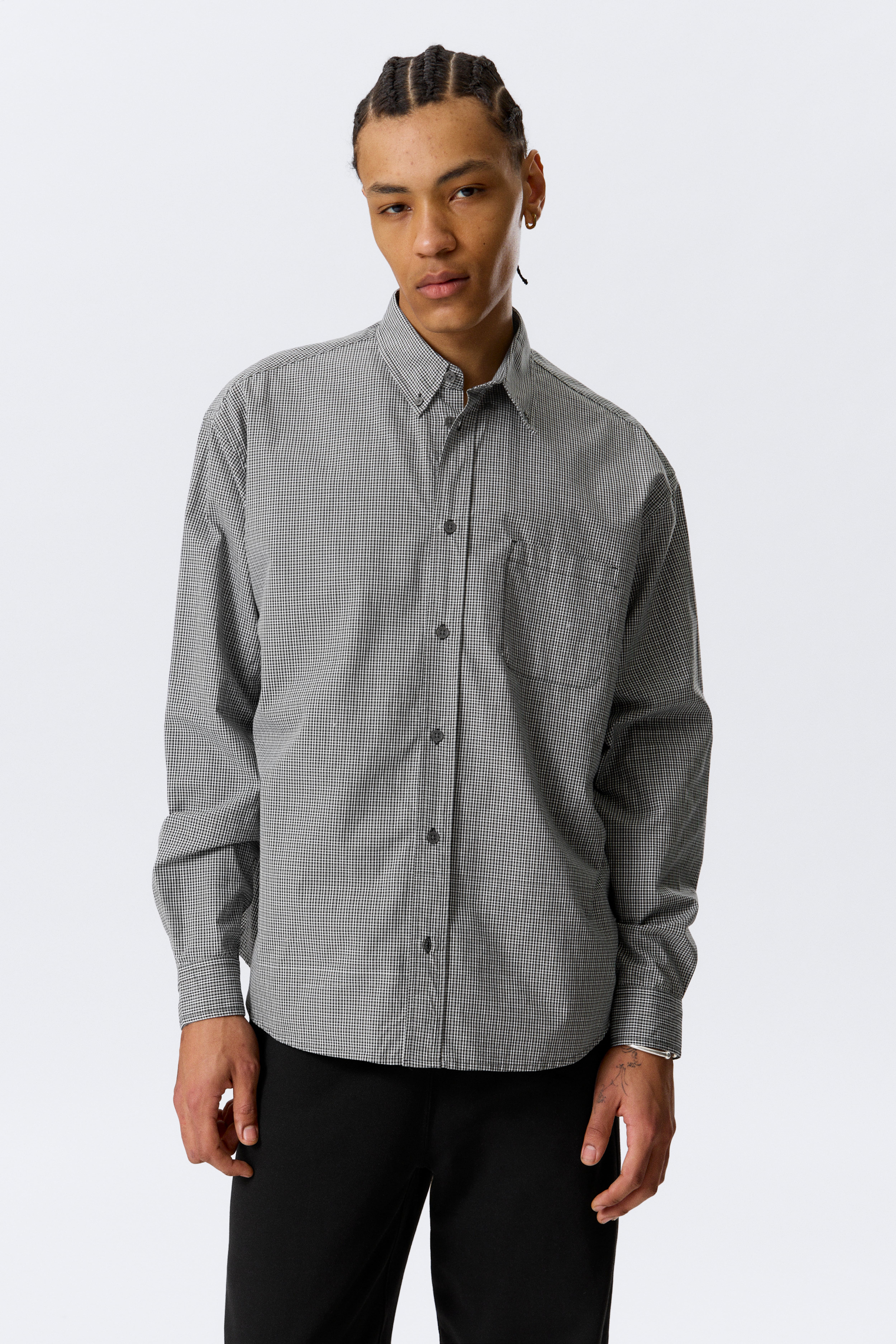Πουκάμισο Poplin με Κουμπιά και Χαλαρή Γραμμή - Black Check/Λευκό - Μπλε Ρίγες