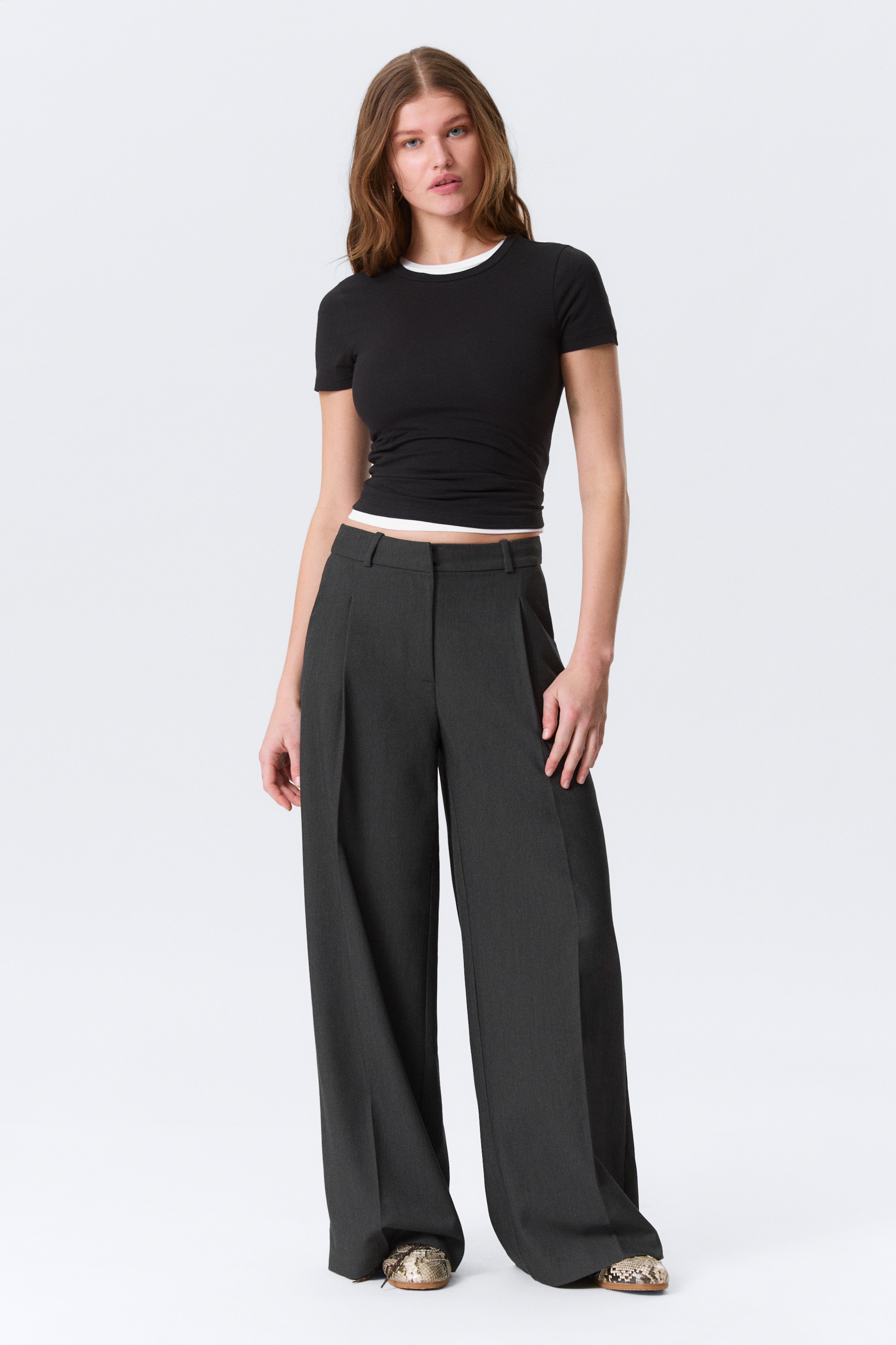 Pantaloni sartoriali a gamba larga - Grigio scuro mélange/Nero/Motivo gessato grigio scuro