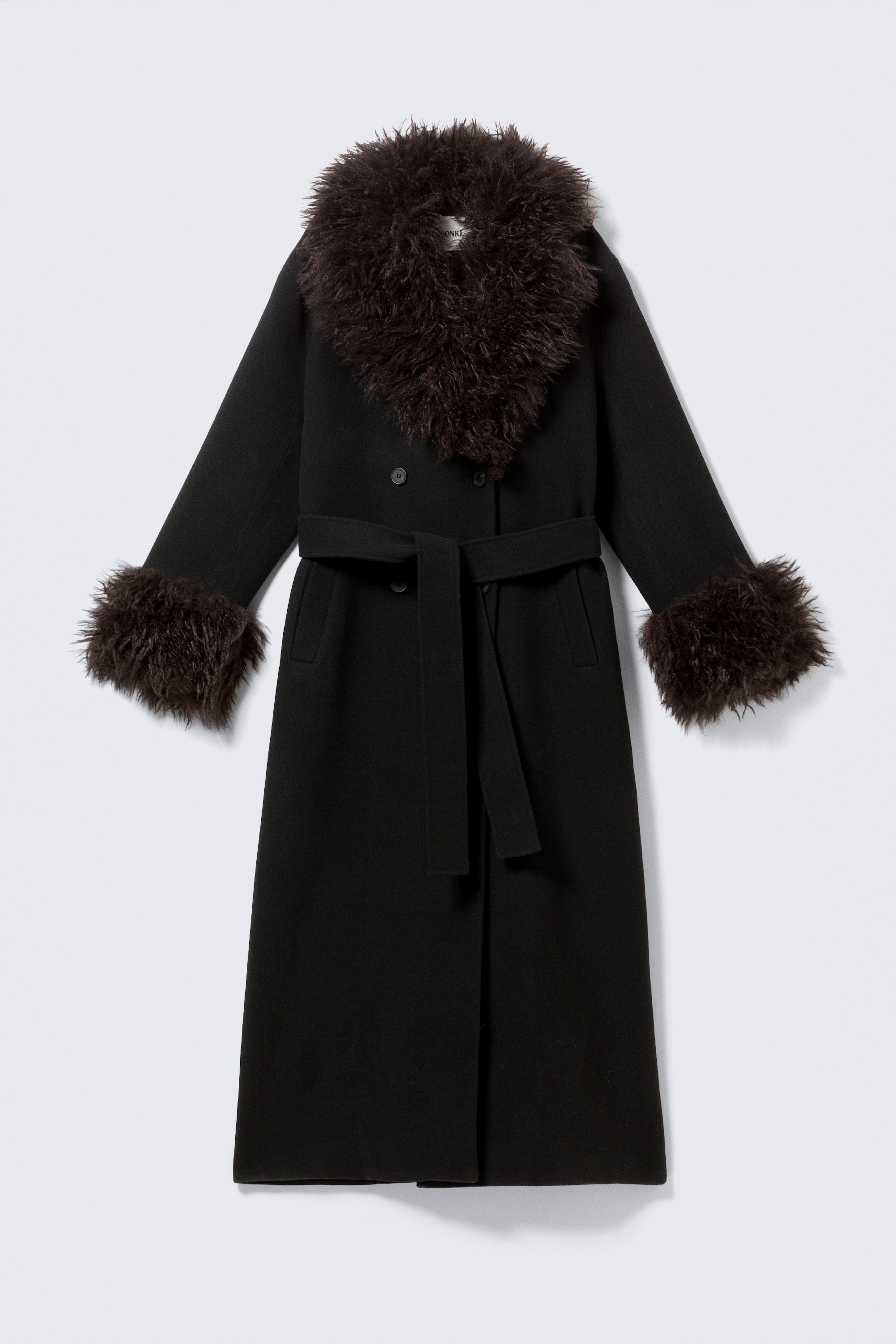 Langer Oversize-Mantel mit Kunstpelzbesatz - Schwarz - Braunes Kunstfell/Braun kariert mit Kunstfell