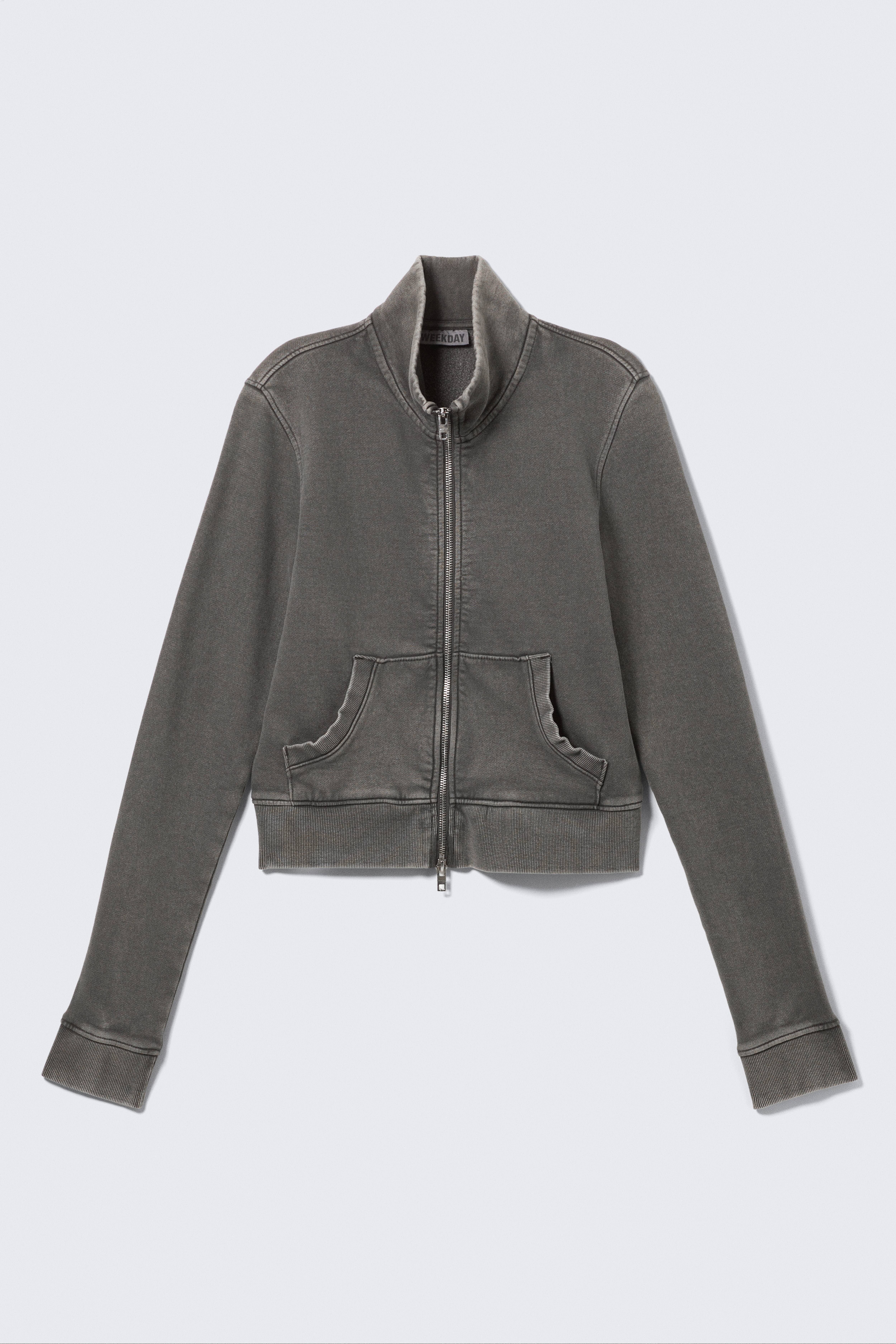 Fitted Funnel-Neck Zip Sweatshirt - Washed Dark Grey