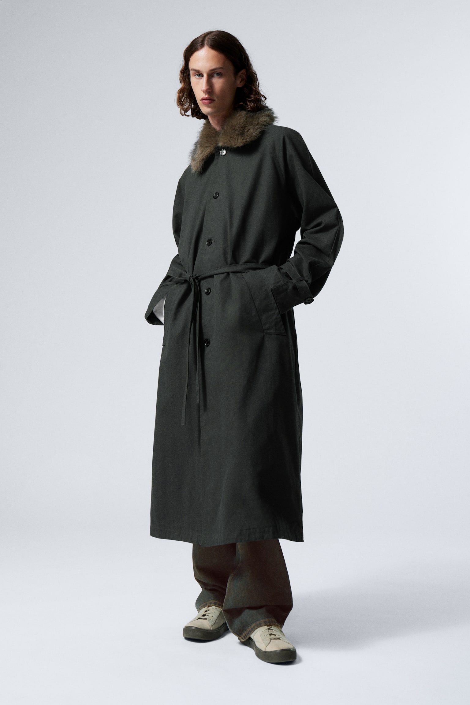 Oversized Faux Fur Collar Trench Coat - Dark Grey - 4