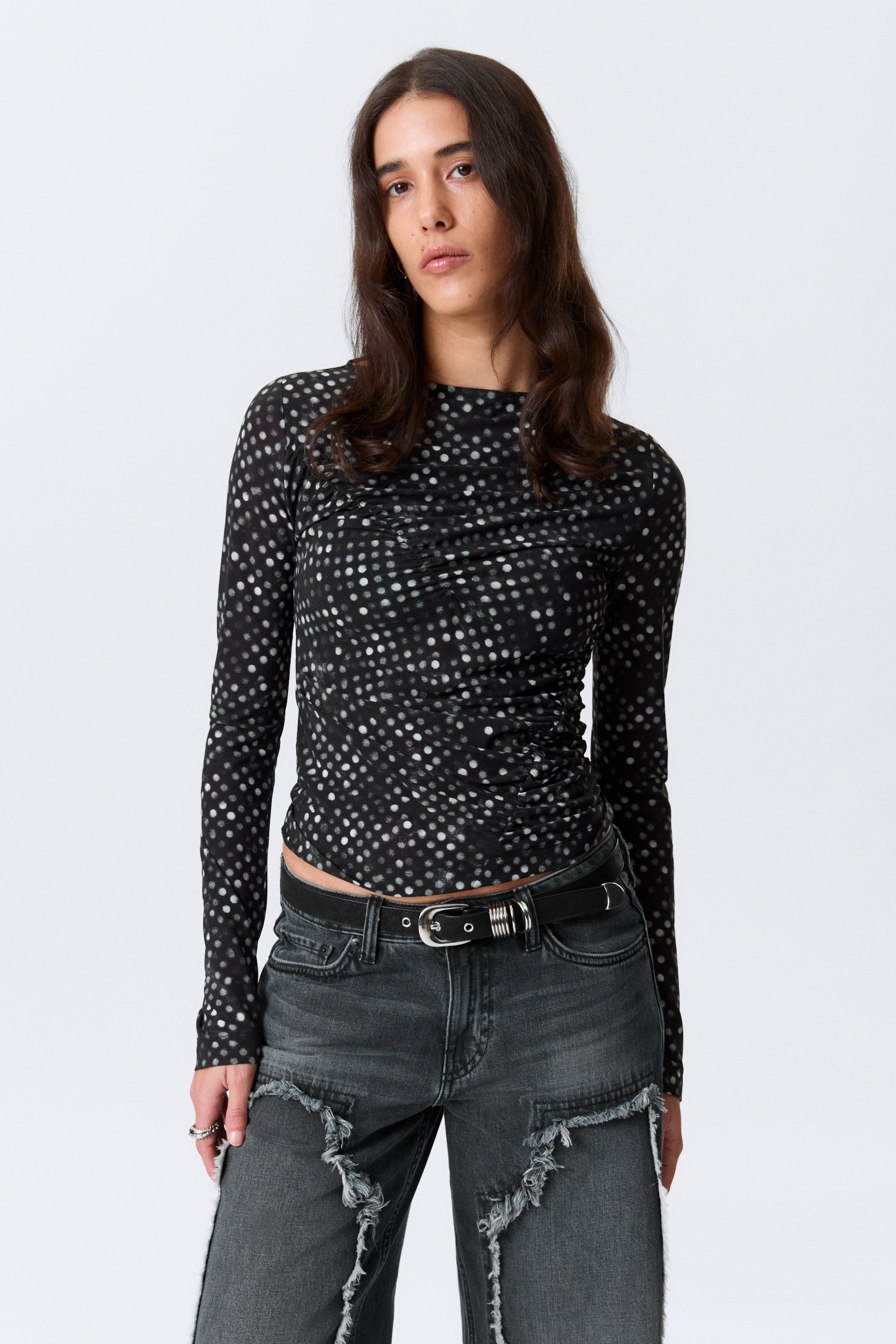 Top in mesh arricciato con stampa - Black Polka Dots