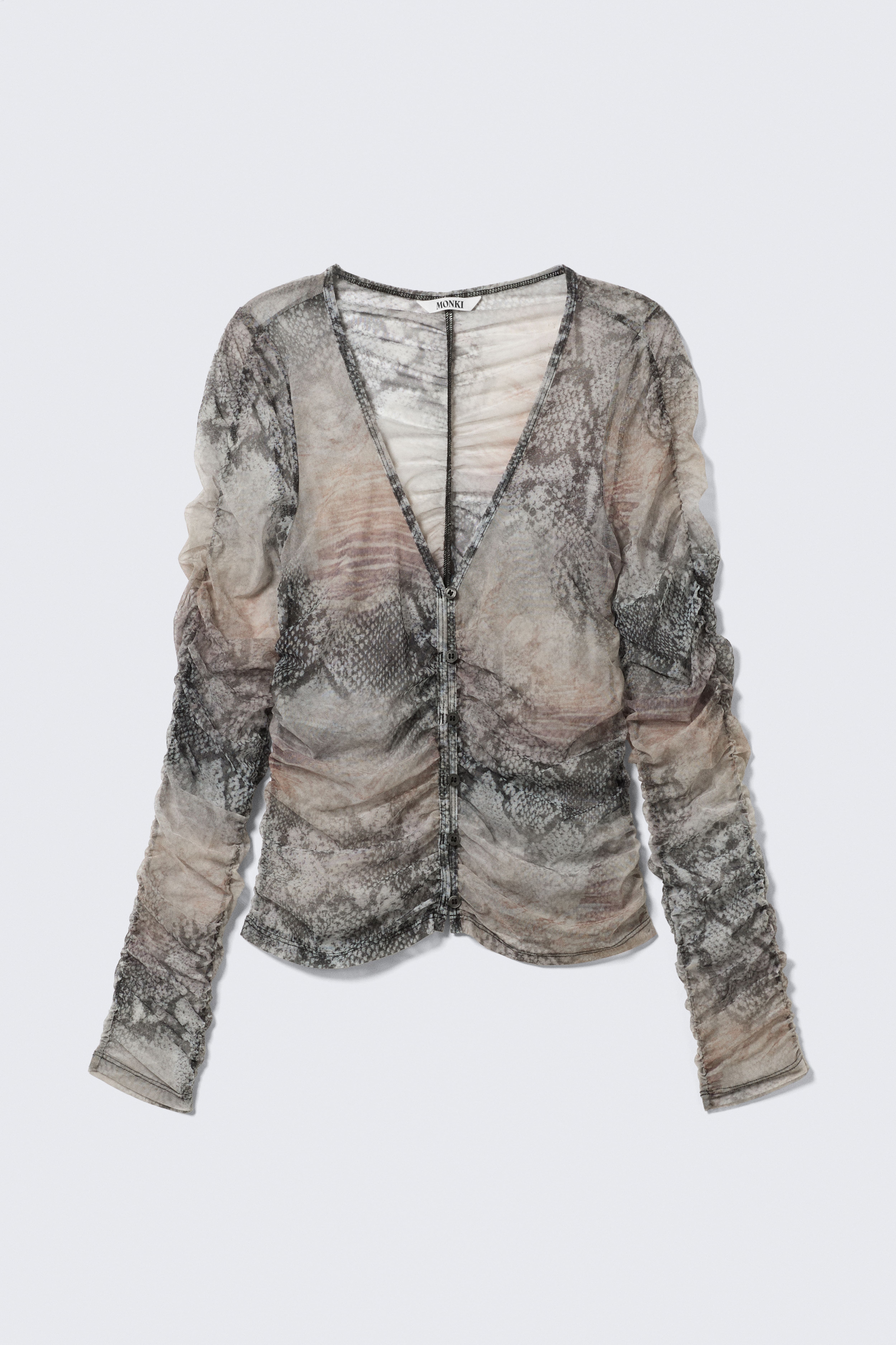 Schmal geschnittener, geraffter Mesh-Cardigan - Beige/Grau - Schlangenprint