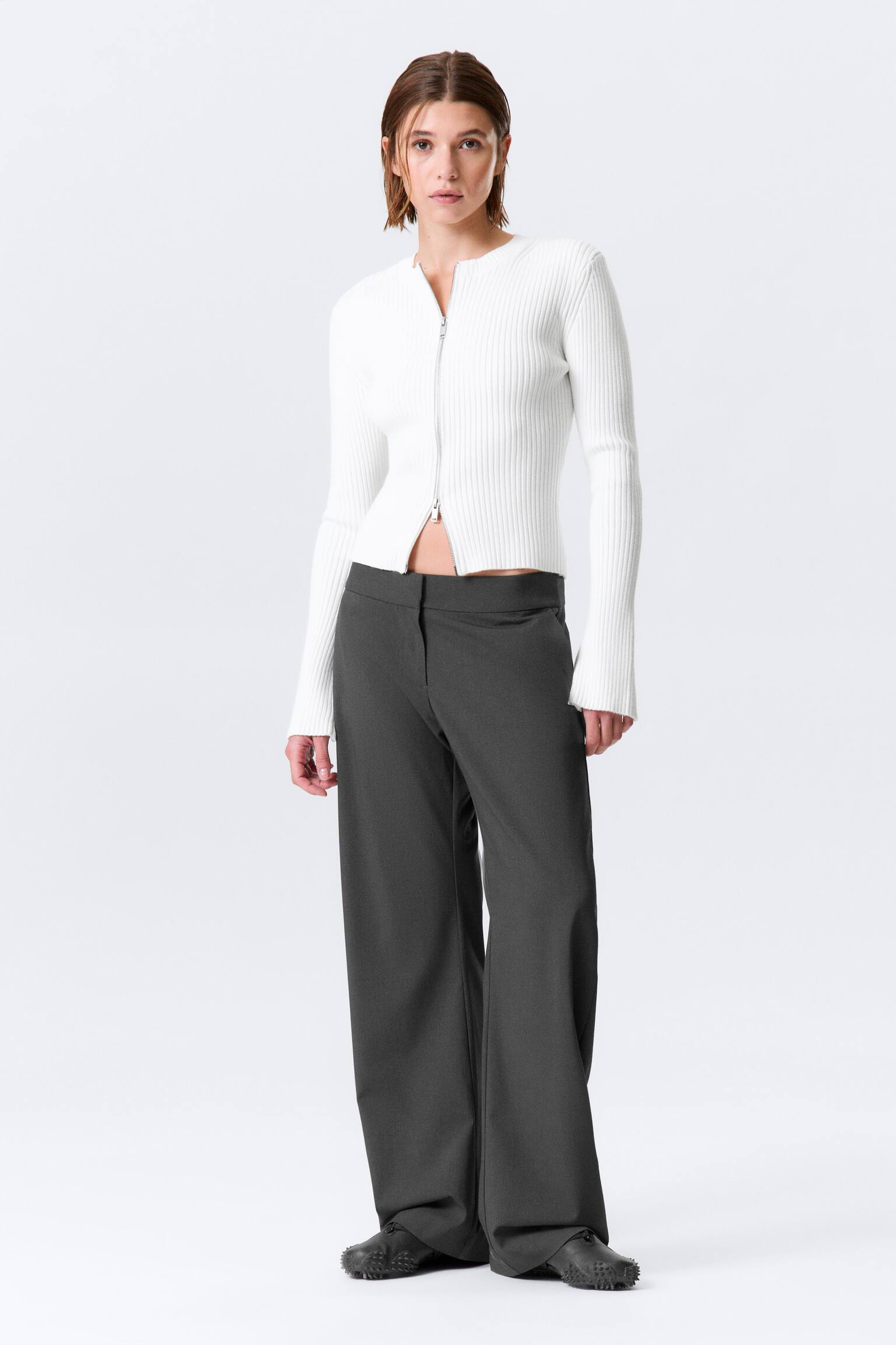 Geribbeld getailleerd vest met rits - Gebroken wit/Zwart/Donkerpaars - 1