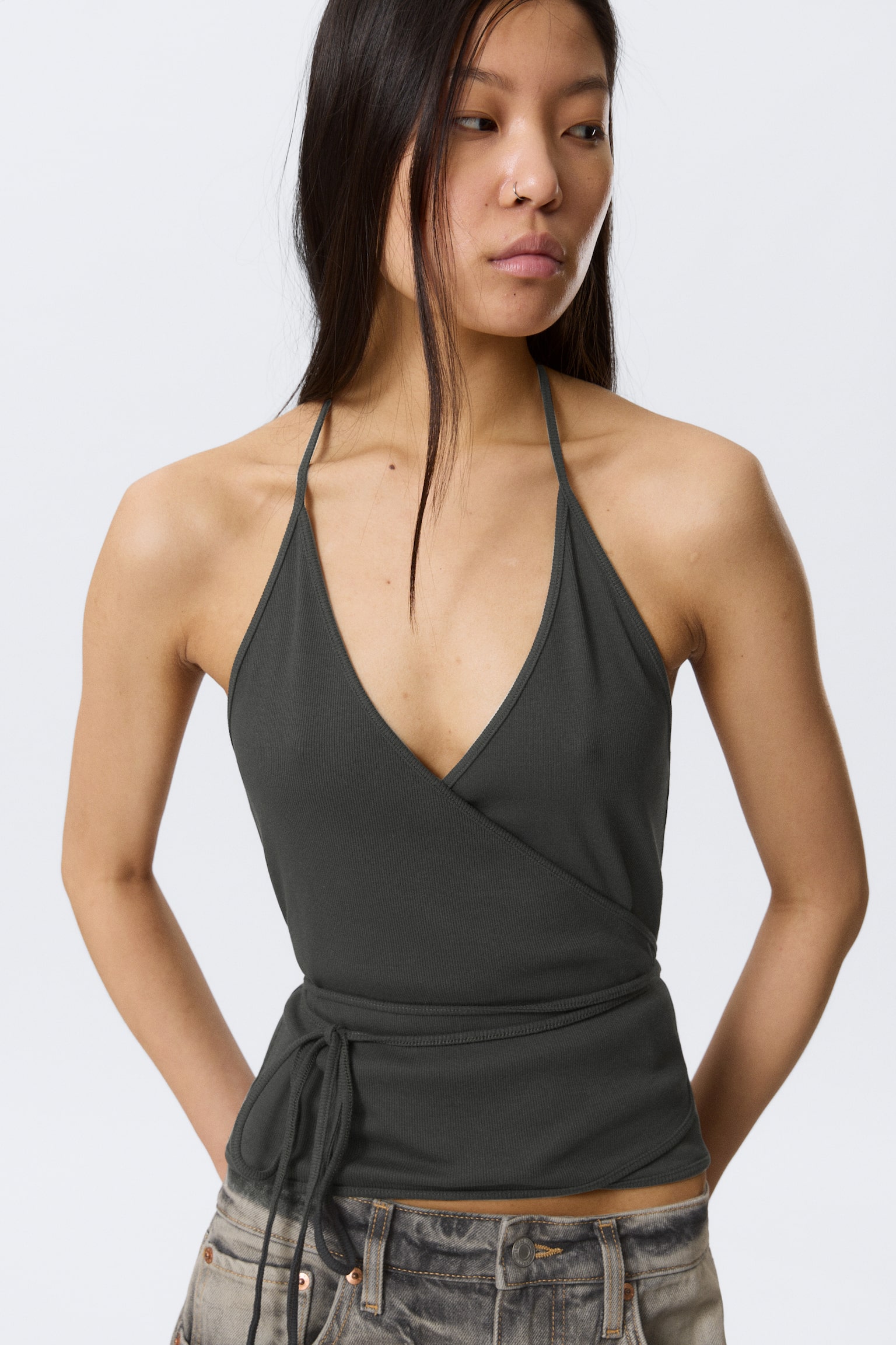 Zavinovací top s halter výstřihem - Tmavě šedá/Šedý melír - 5